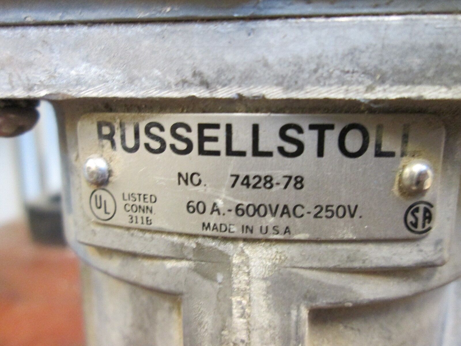 Russellstoll Receptacle w/Base 7428-78 60A 600V 4W Used