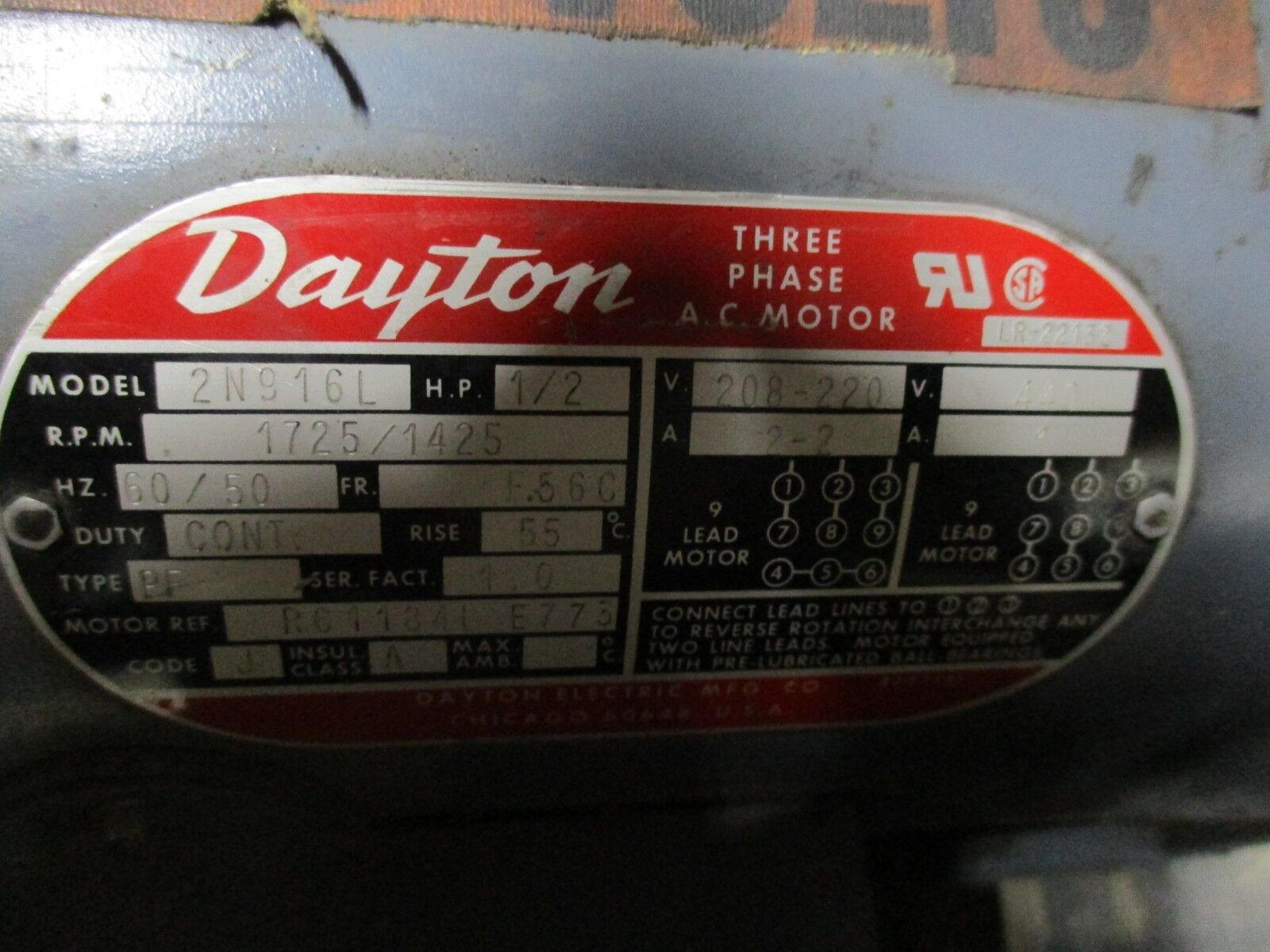 Dayton Motor W/ Gear 2N916L 1/2HP 1725/1425RPM Fr: F56C 208-220/440V 2-2/1A Used