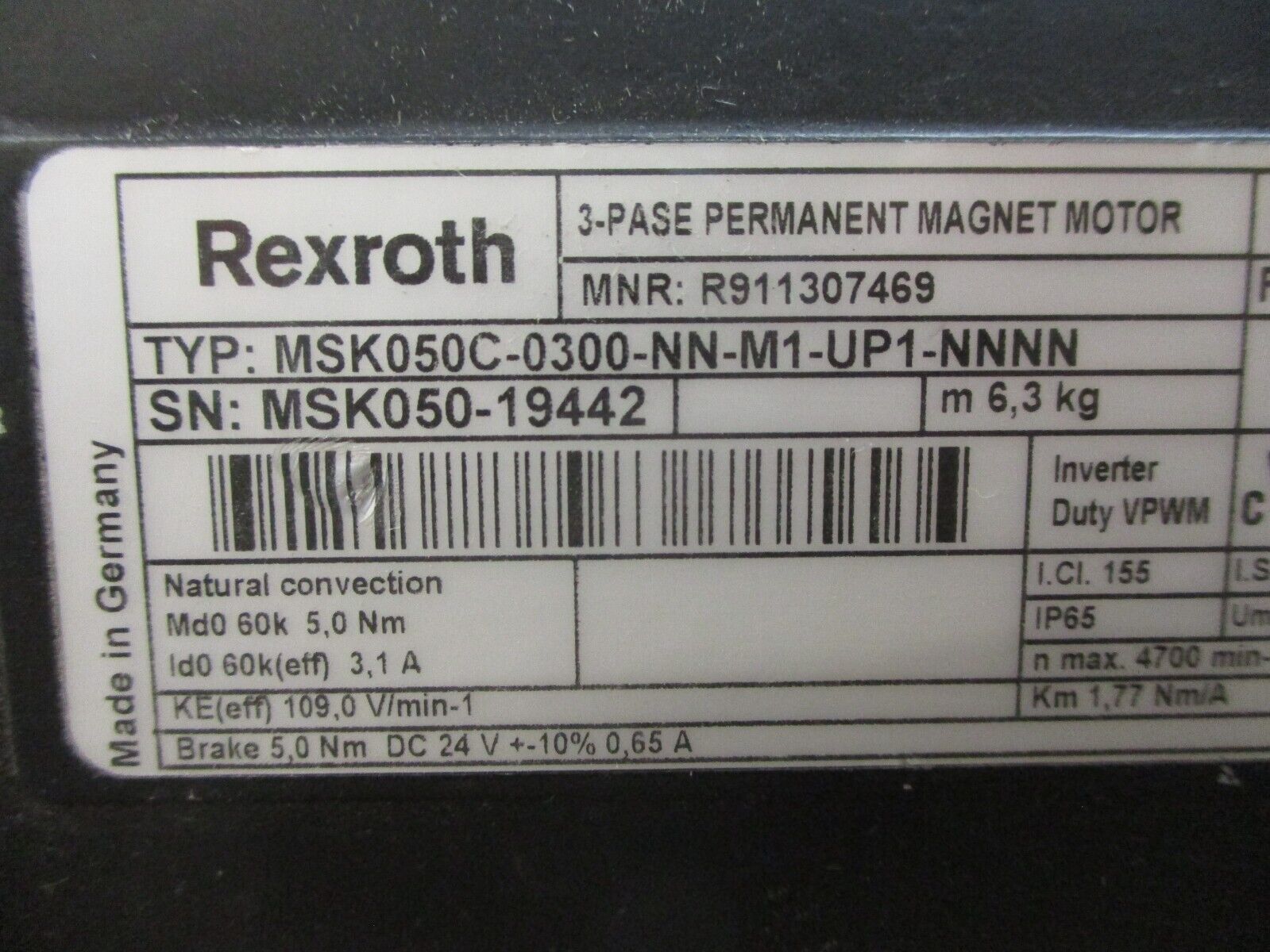 Rexroth Servo Motor MSK050C-0300-NN-M1-UP1-NNNN 3.1A 600V 1.77 Nm/A Used