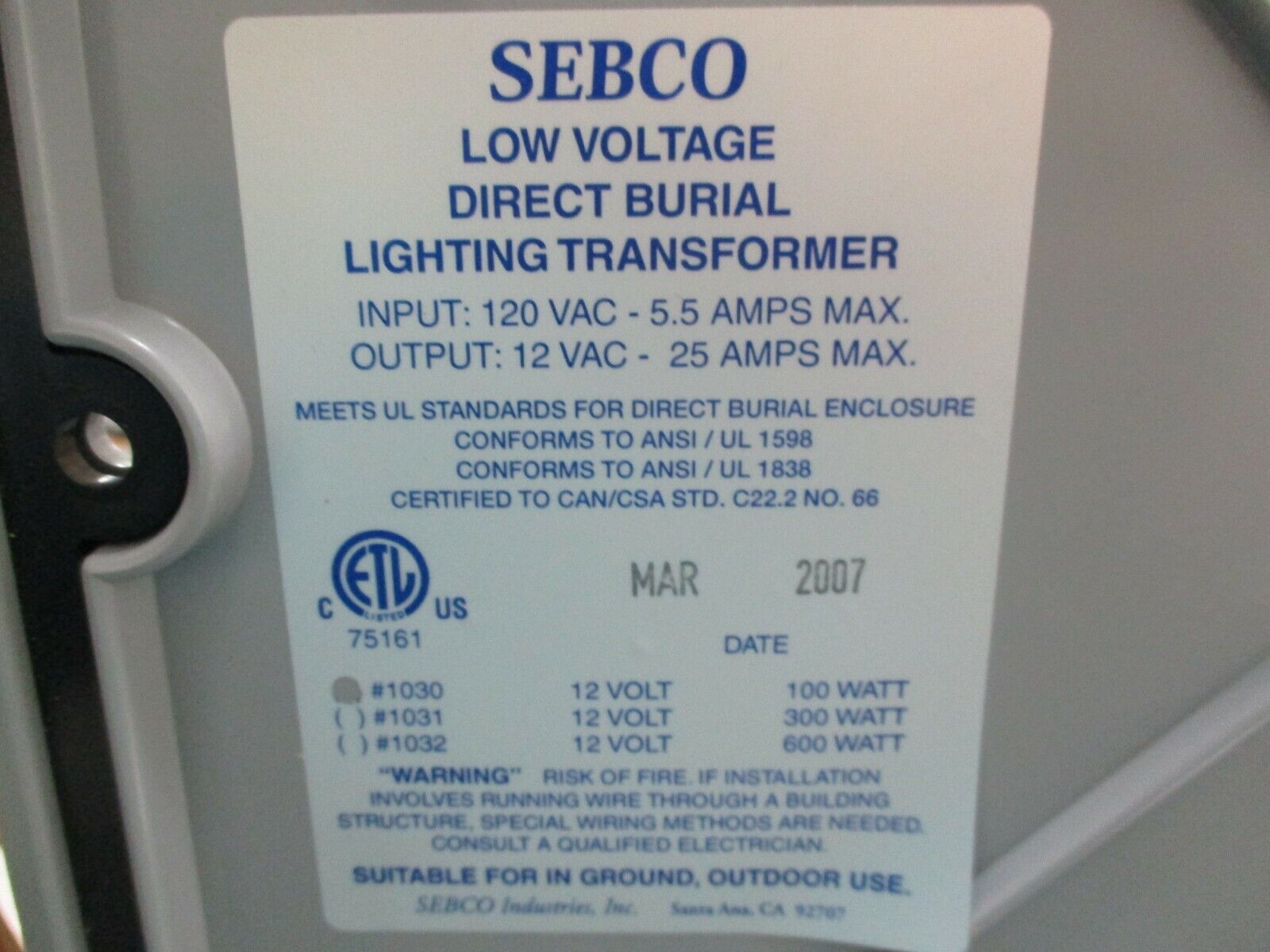 Sebco Direct Burial Low Voltage Lighting Transformer 1030 12V 100W New Surplus