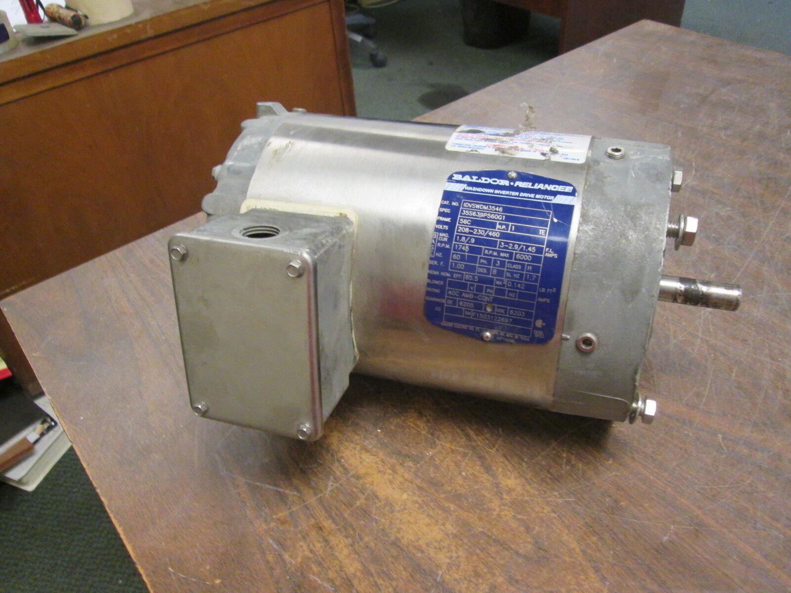 Baldor Stainless Steel Washdown Motor IDVSWDM3546 1HP 1800RPM FR:56C Used