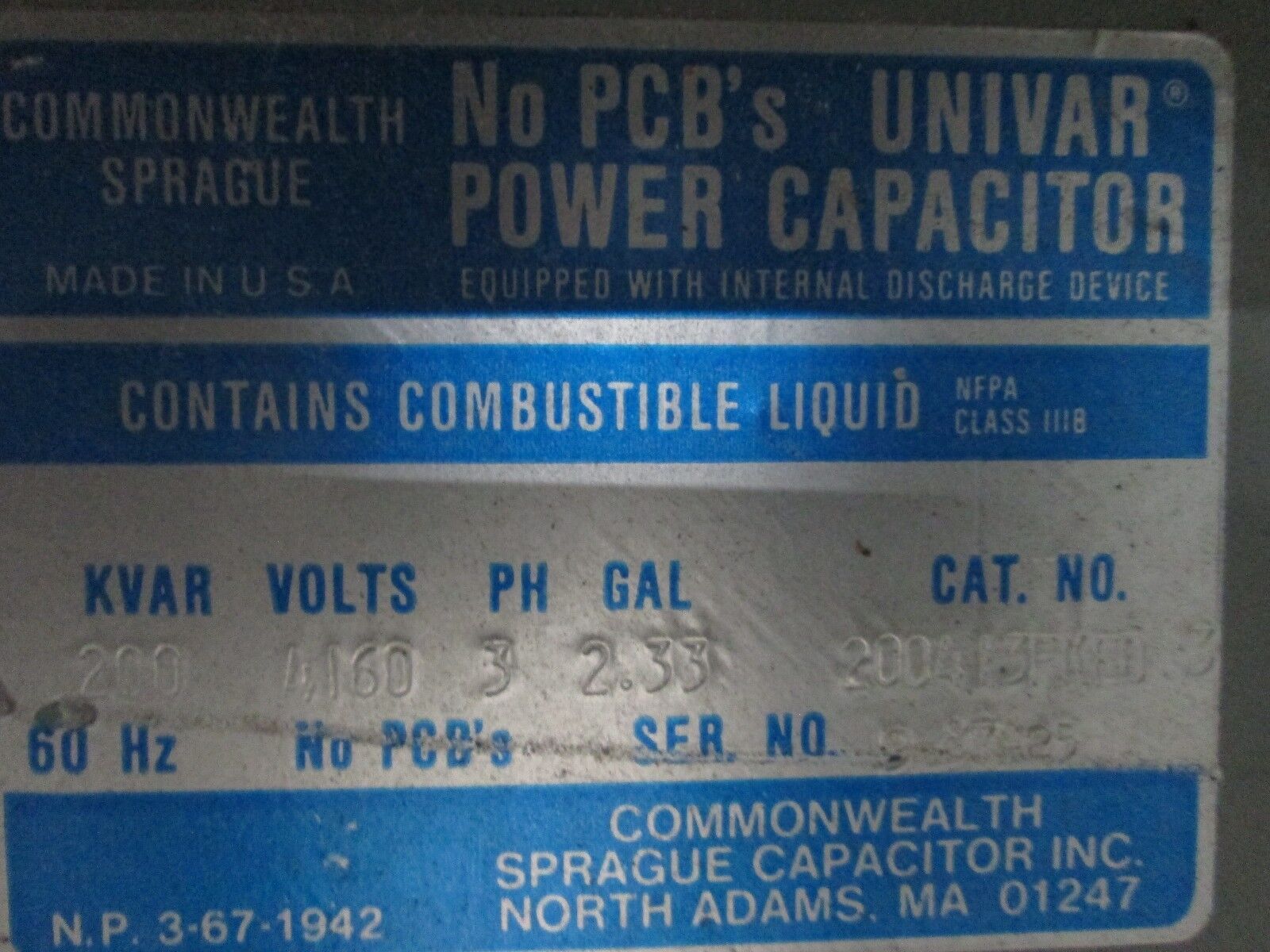 Sprague Univar Power Capacitor 200413FMED 3 200 KVAR 4160V 3Ph 60Hz Used