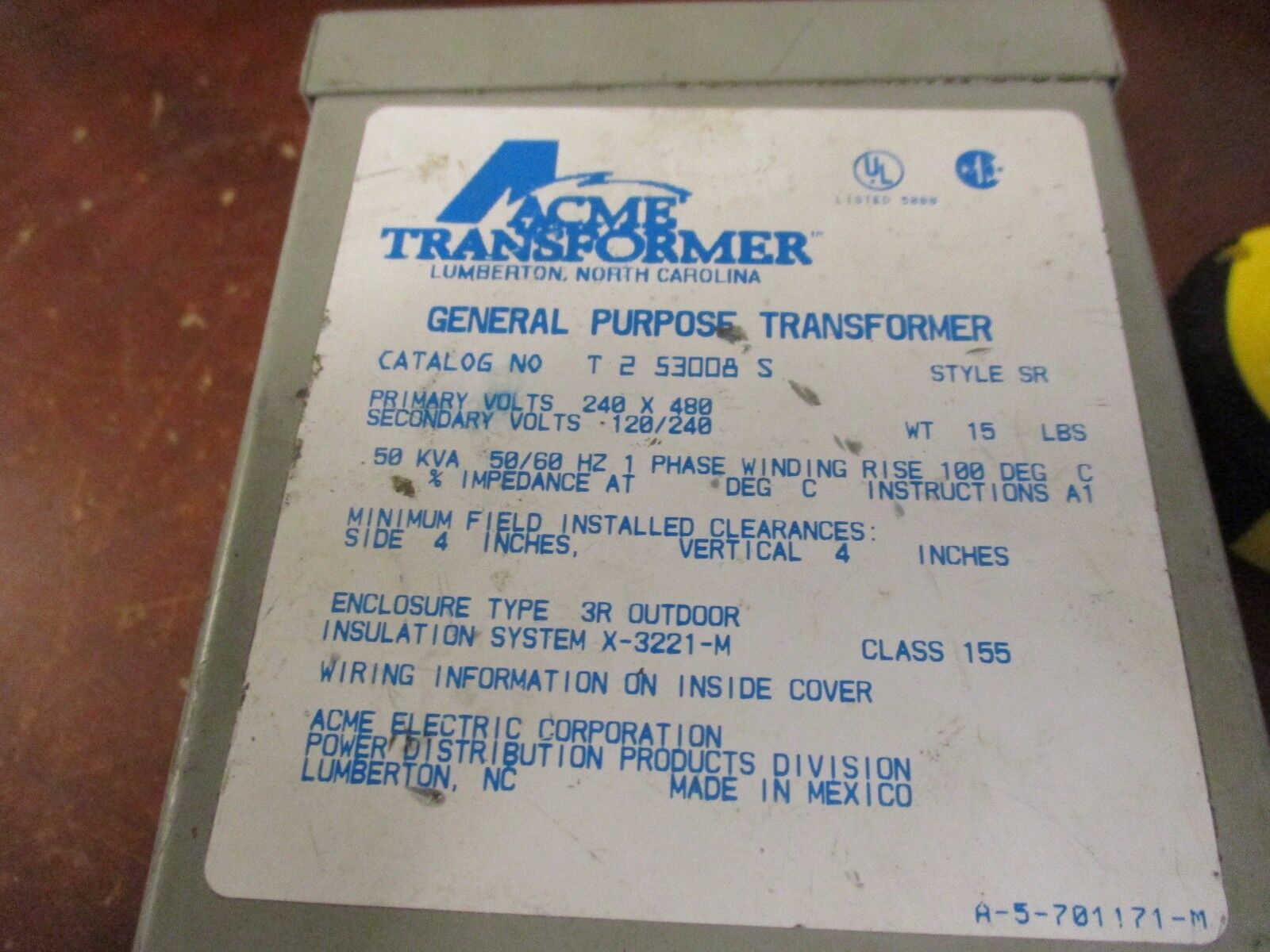 ACME Transformer	General Purpose Transformer	T-2-530085 "Missing Screw" Used