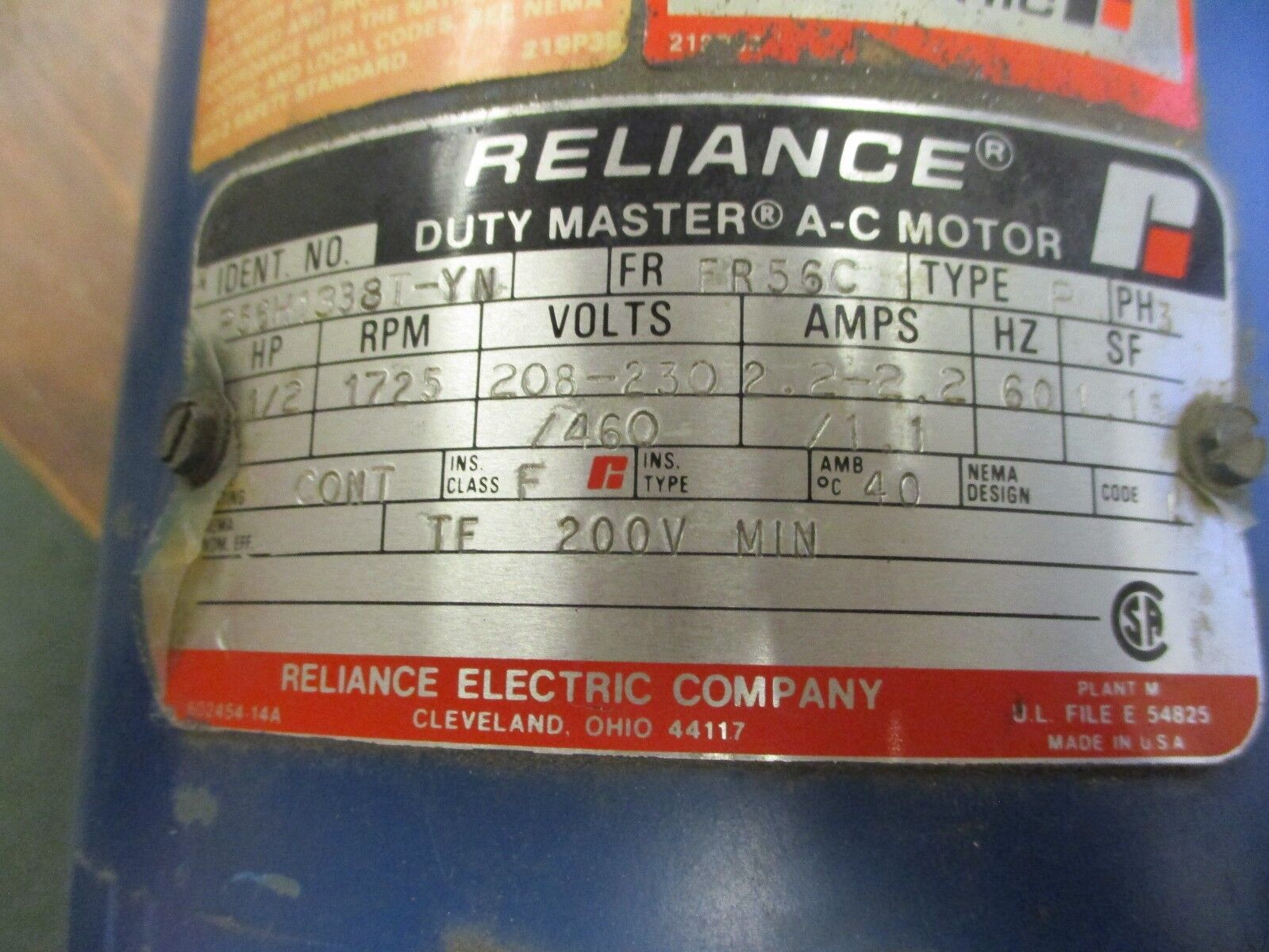 Reliance Motor w/ Gear P56H1338T-YN 1/2HP 1800RPM FR:FR56C 208-230/460V Used