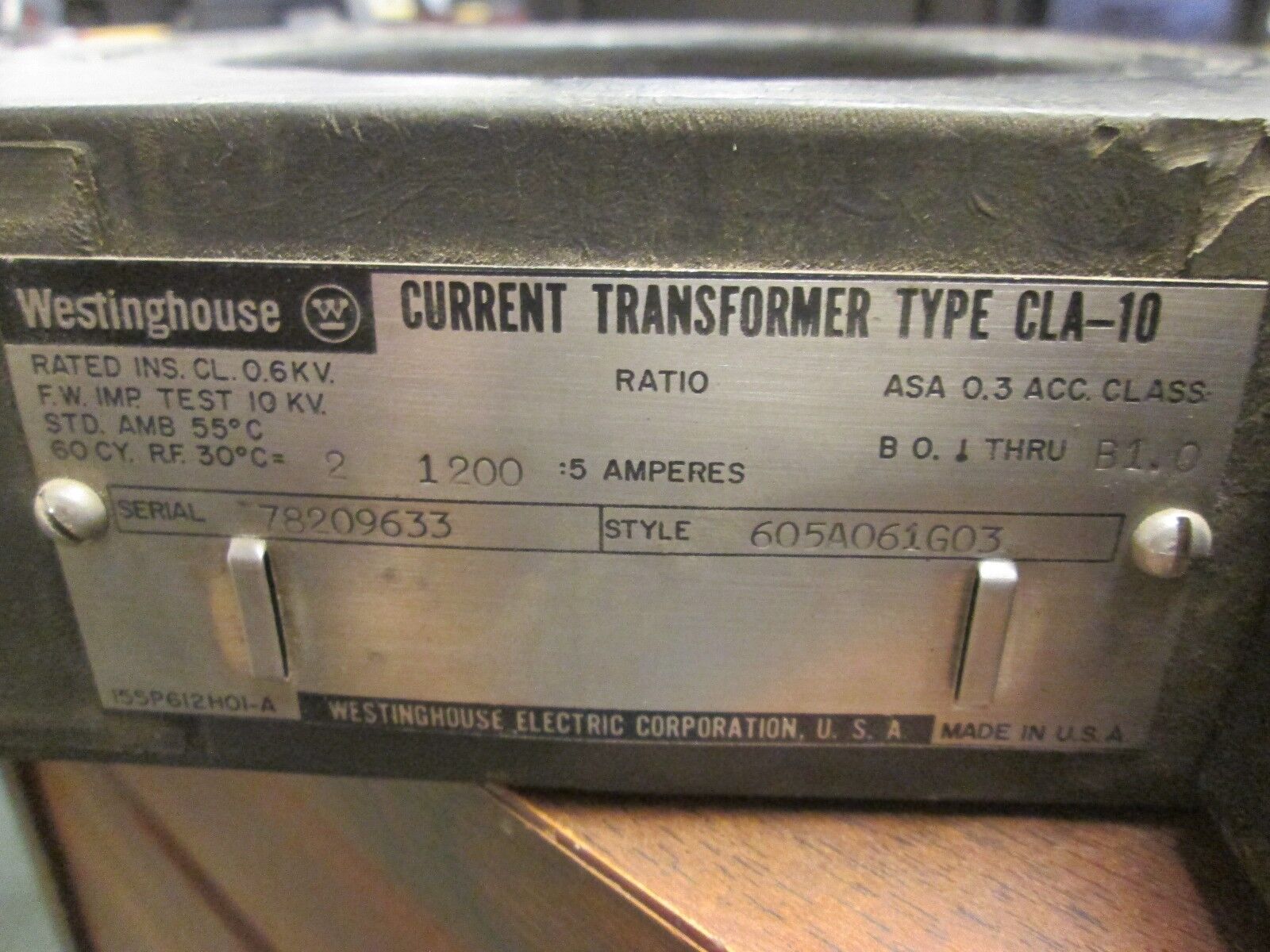 Westinghouse Type CLA-10 Current Transformer 605A061G03 Ratio 1200:5A Used