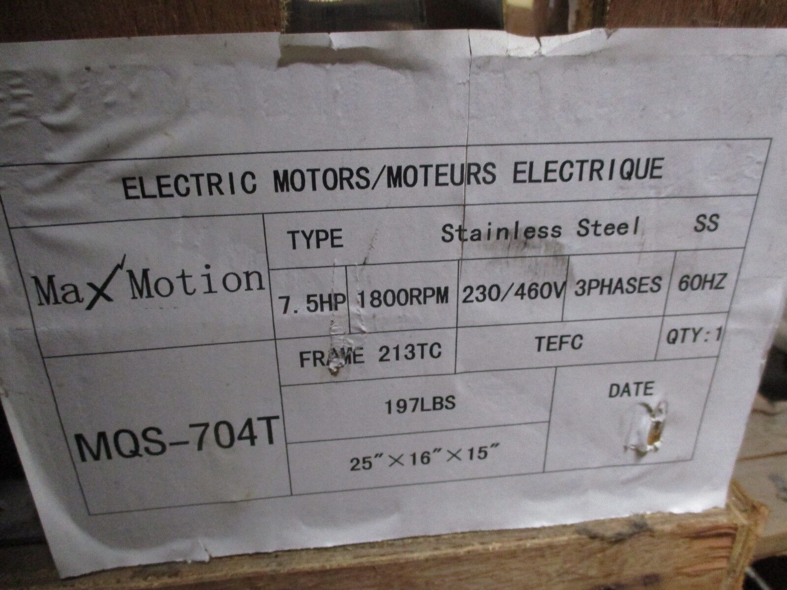 Max Motion Stainless Steel AC Motor MQS-704T 7.5HP 1800RPM 230/460V New Surplus