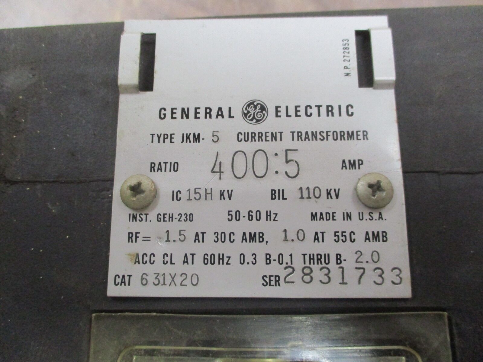 GE Type JKM-5 Current Transformer 631X20 Ratio 400:5A 50-60Hz IC 15K KV Used