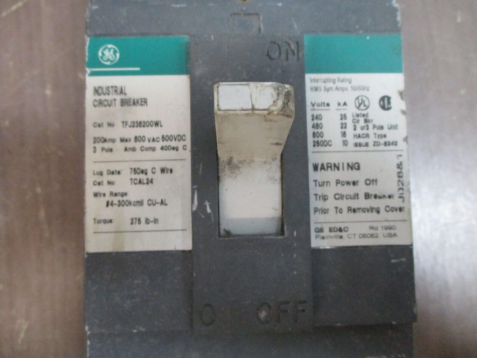 GE Circuit Breaker TFJ236200WL 200A 600V 3P Used