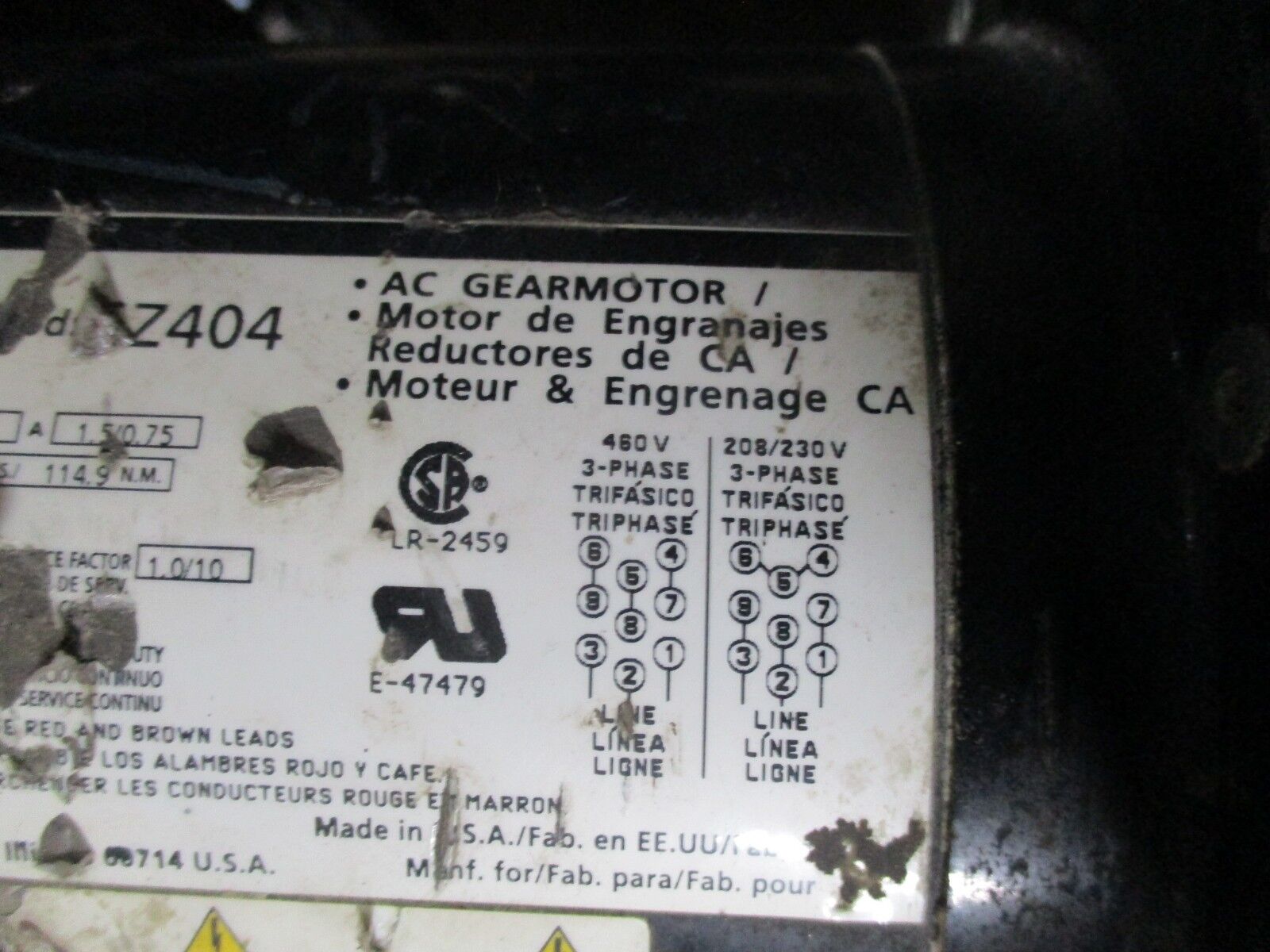 Dayton Gearmotor 9N091 1/3HP 1725RPM 208-230/460V 1.6/.8A Fr:48Y Encl: TEFC Used