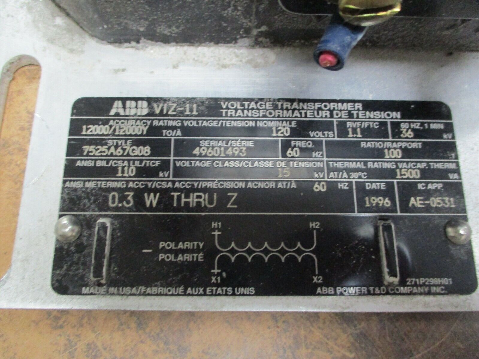 ABB VIZ-11 Voltage Transformer 7525A67G08 Pri:12000/12000YV Sec:120V Ratio 100:1