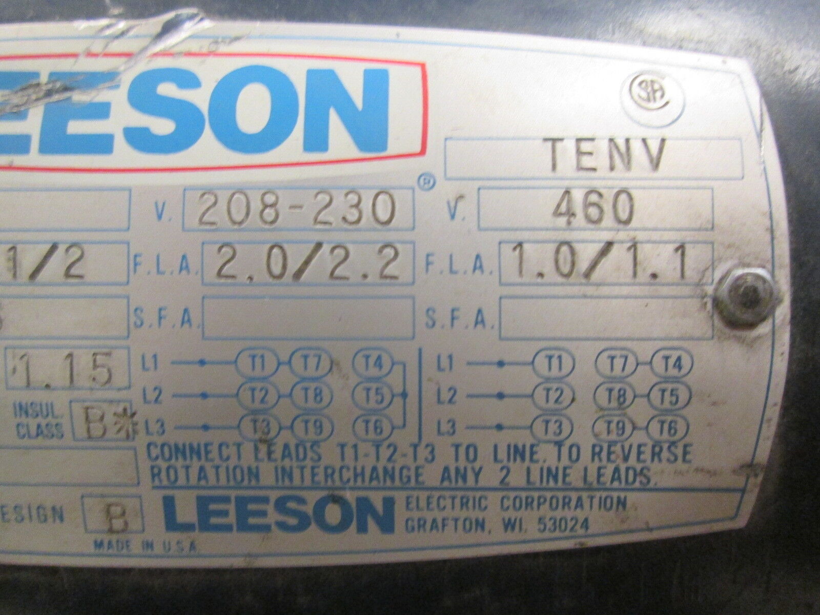 Leeson C6T17NB3A AC Motor 110032-01 ½HP 1725/1425RPM FR:D56 ENCL:TENV Used