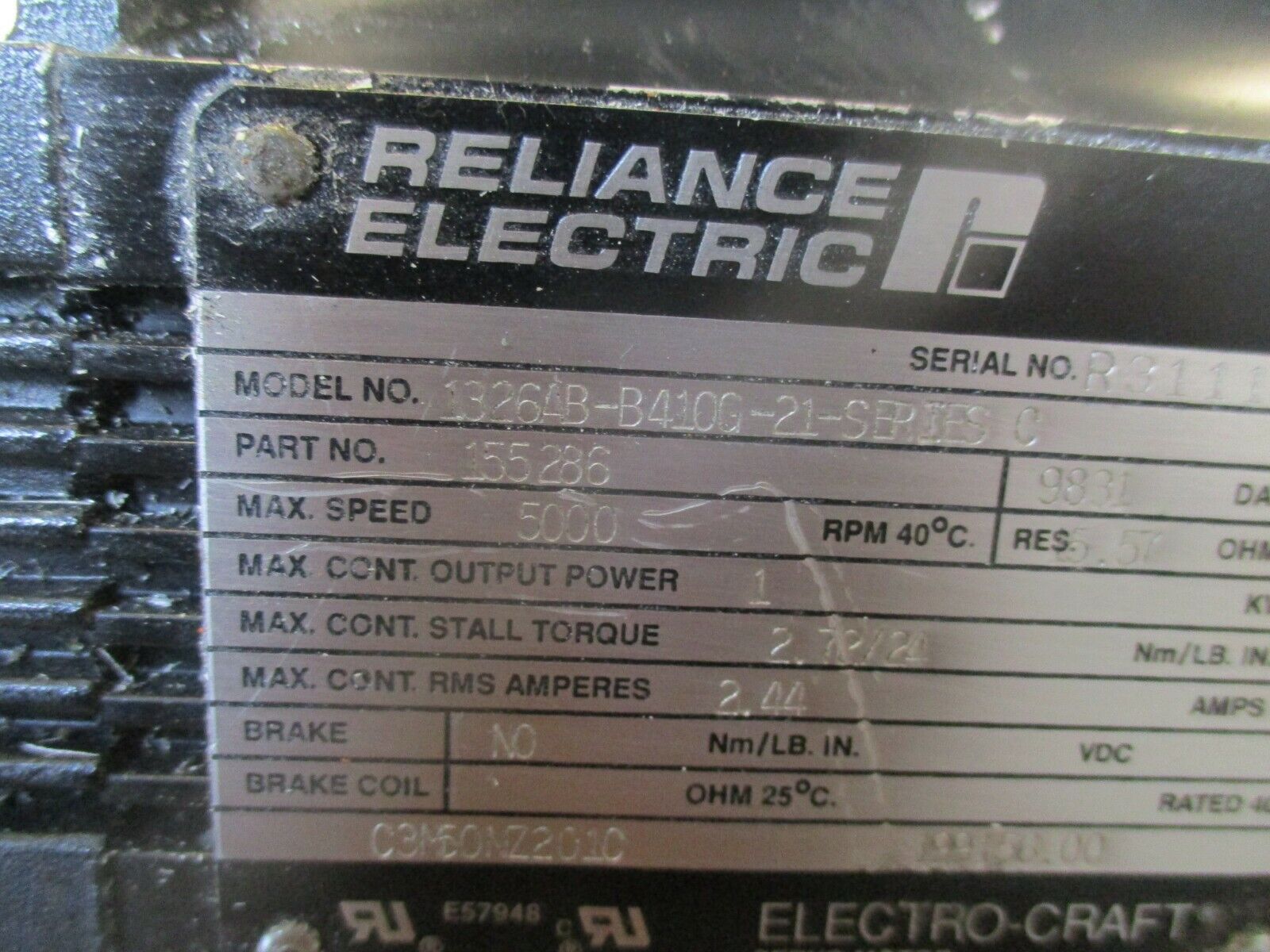 Reliance Electro-Craft AC Servo Motor 1326AB-B410G-21 Ser. C 1KW 5000RPM Used