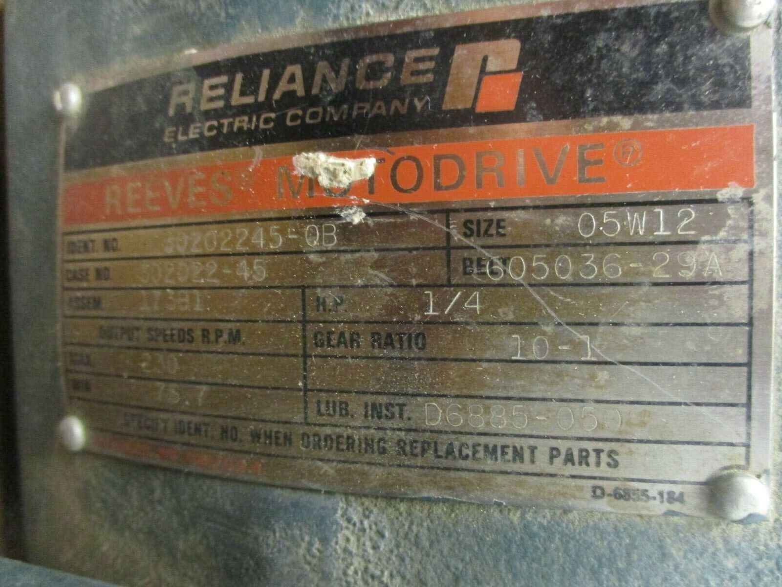 Reliance Electric AC Gearmotor 1/4HP 1800RPM FR: L48T 230/460V 1.5/.75A 3Ph Used