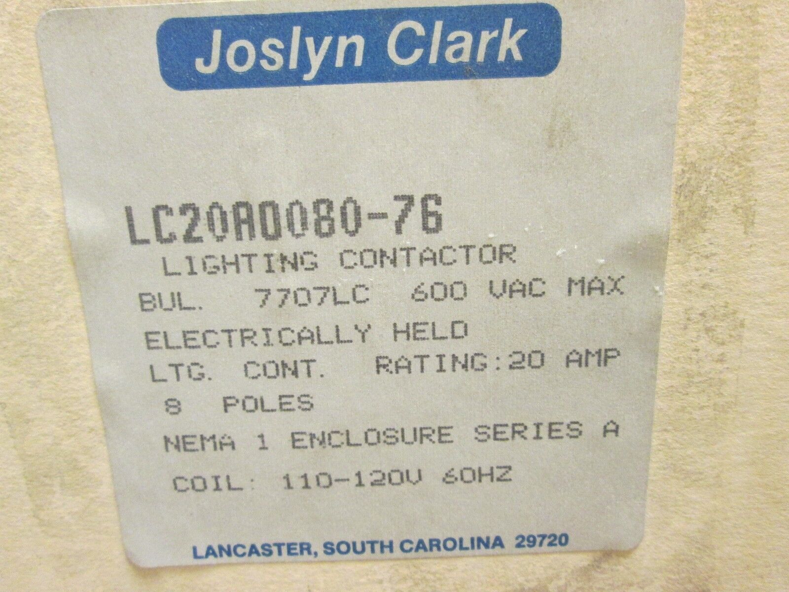 Joslyn Clark Enclosed Lighting Contactor LC20AO080-76 8P 120V Coil 20A