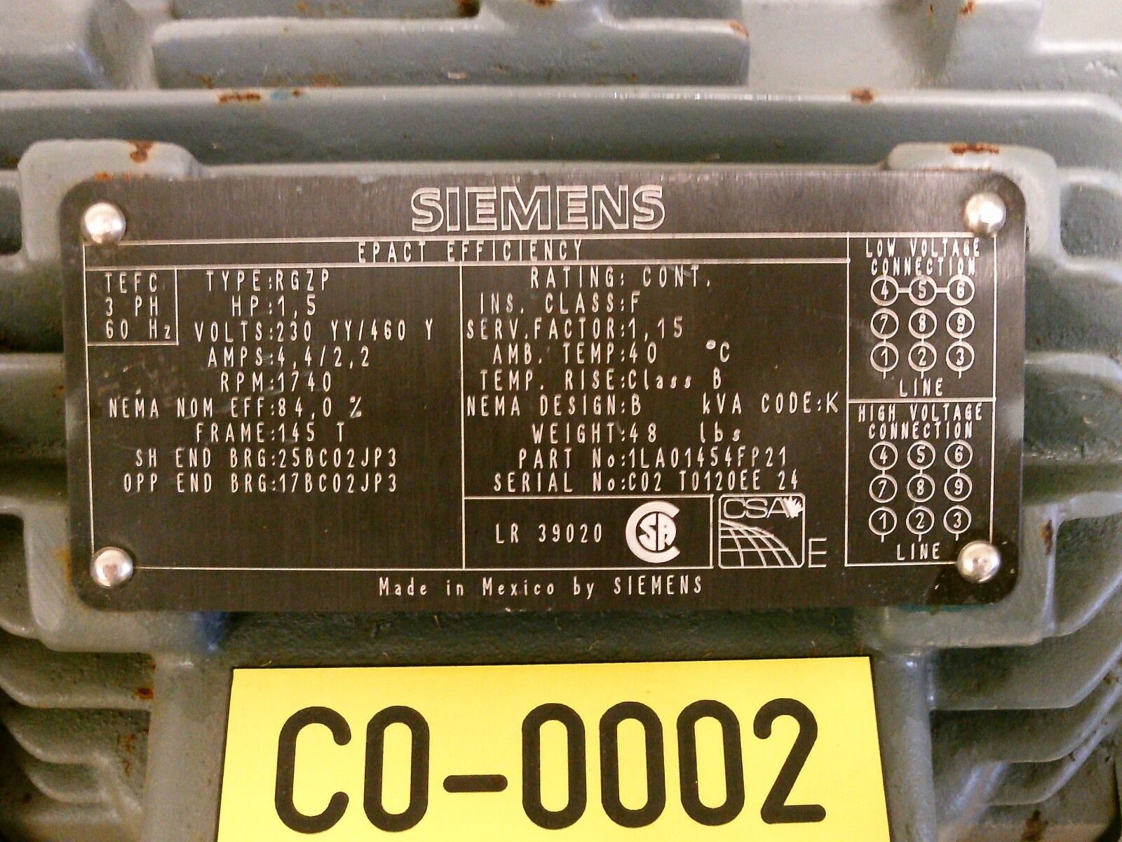 Siemens Type RGZP AC Motor 1LA01454FP21 1.5HP 1800RPM 230/460V 4.4/2.2A Used