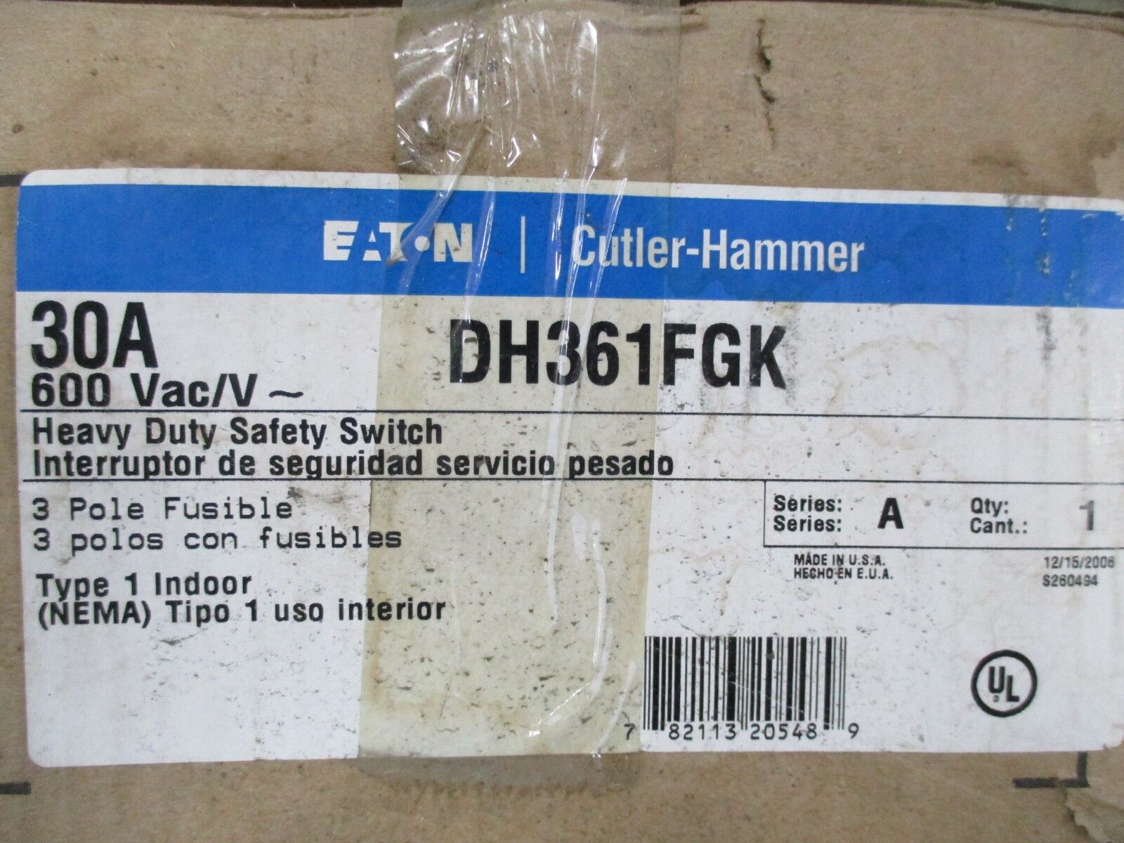 Eaton/Cutler-Hammer Fusible Safety Switch / Disconnect DH361FGK 30A New Surplus