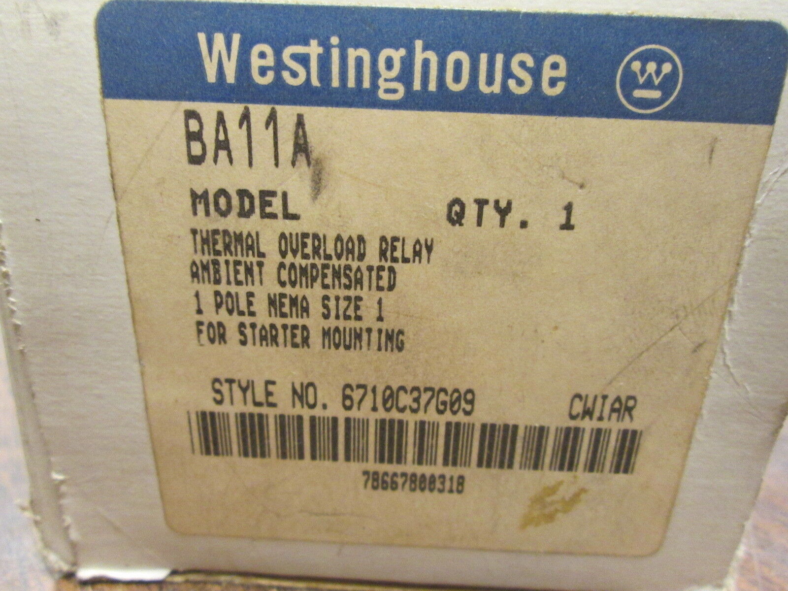 Westinghouse Overload Relay BA11A Size 1 1P New Surplus