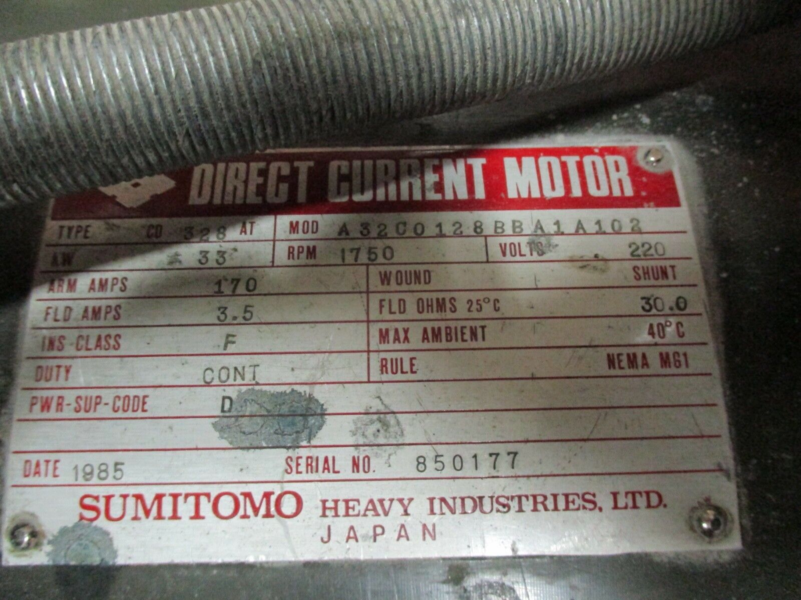 Sumitomo DC Motor A32C0128BBA1A102 33kW 1800RPM 220V w/ Blower Used