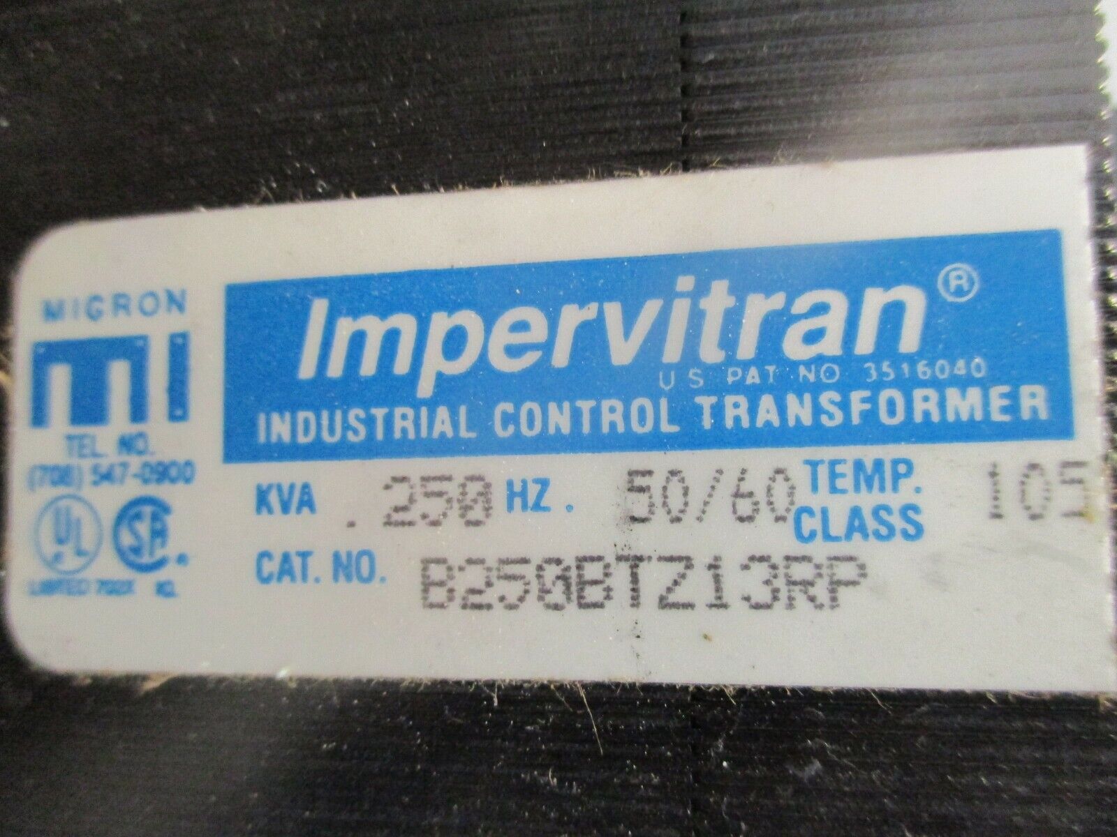 Micron Impervitran Control Transformer B250BTZ13RP 0.250KVA Pri: 240/480V Used