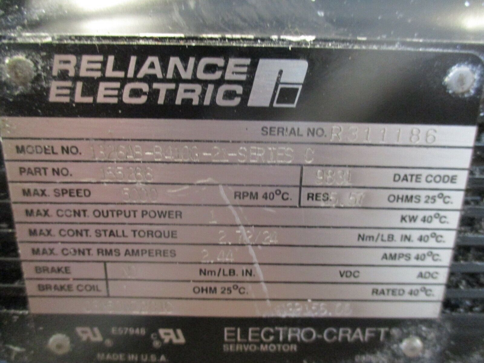 Reliance Electro-Craft AC Servo Motor 1326AB-B410G-21 Ser. C 1KW 5000RPM Used