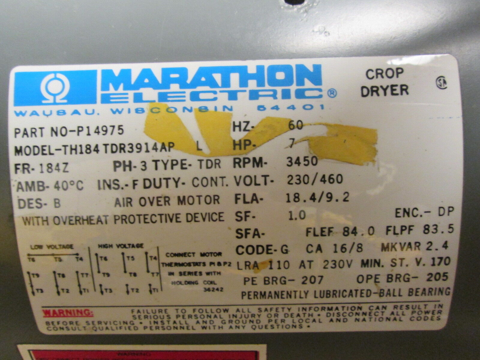 Marathon TH184TDR3914AP AC Motor P14975 7HP 3450RPM FR:184Z ENCL:DP Refurbished