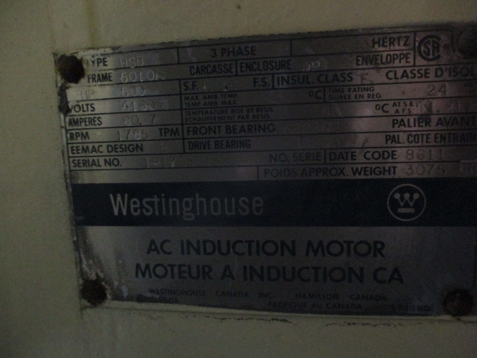 Westinghouse Medium Voltage AC Motor HSB 500HP 1800RPM 4160V 60.7A 60Hz 3Ph Used