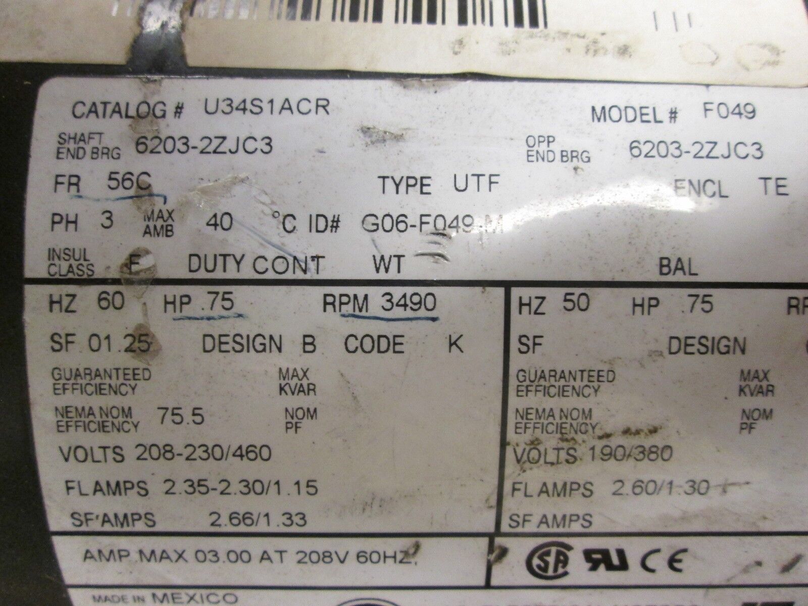 US Motor Electrical Motor U34S1ACR 0.75HP 3490RPM 208-230/460V 2.35-2.3/1.15A