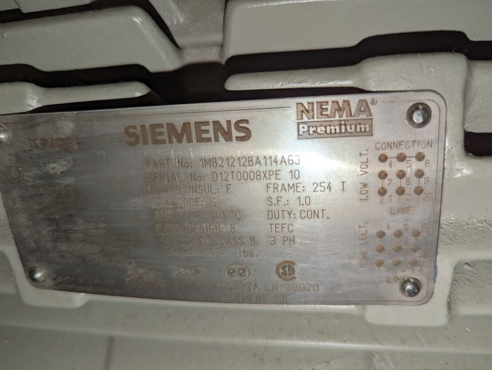 Siemens Motor 1MB21212BA114A63 15HP 3600RPM 208-230/460V 38-35/17.5A 60Hz 3Ph