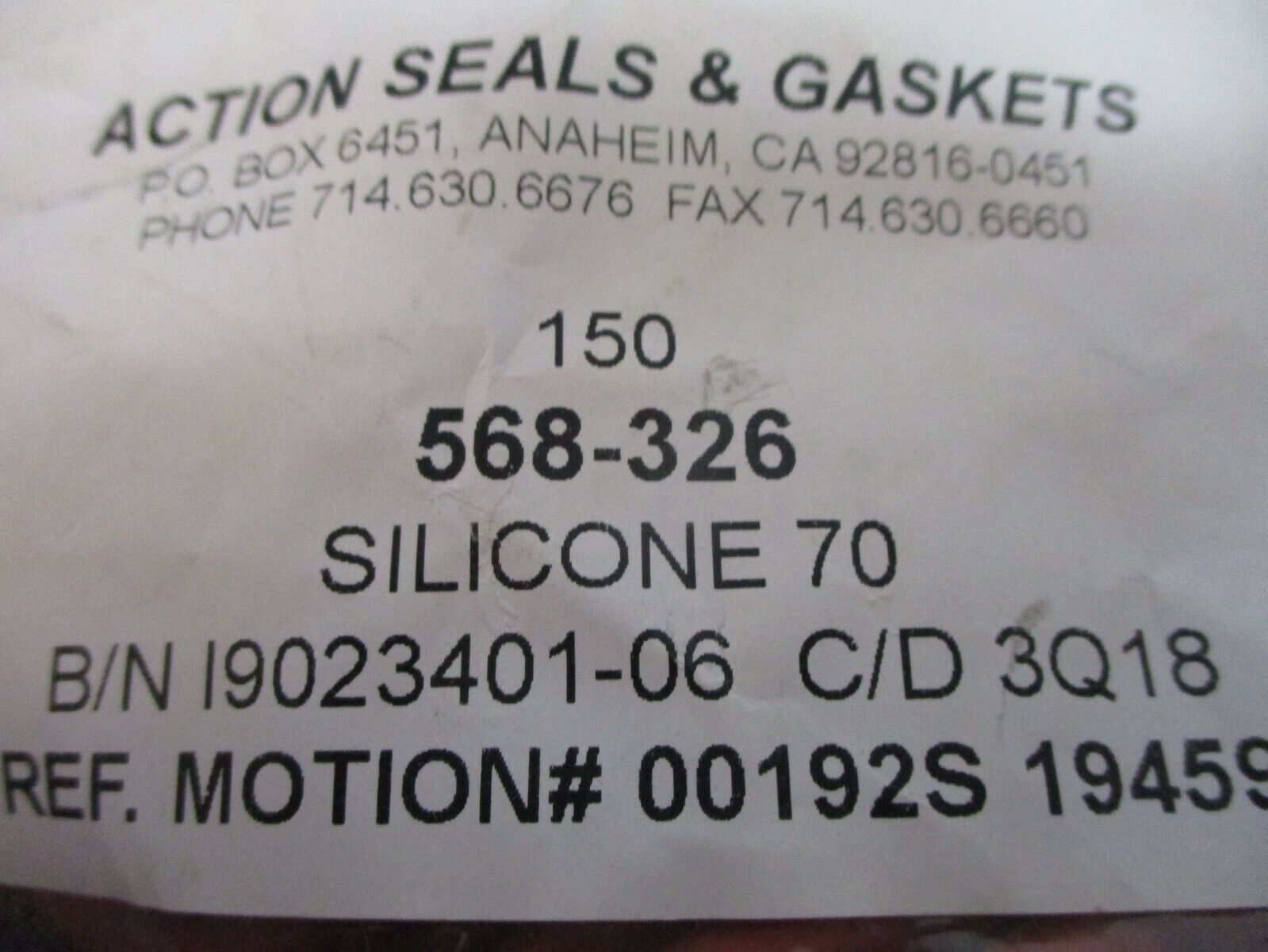 Action Seals & Gaskets Silicon 70 O-Ring 568-326 1.601" ID 2.02" OD 0.210" Thick