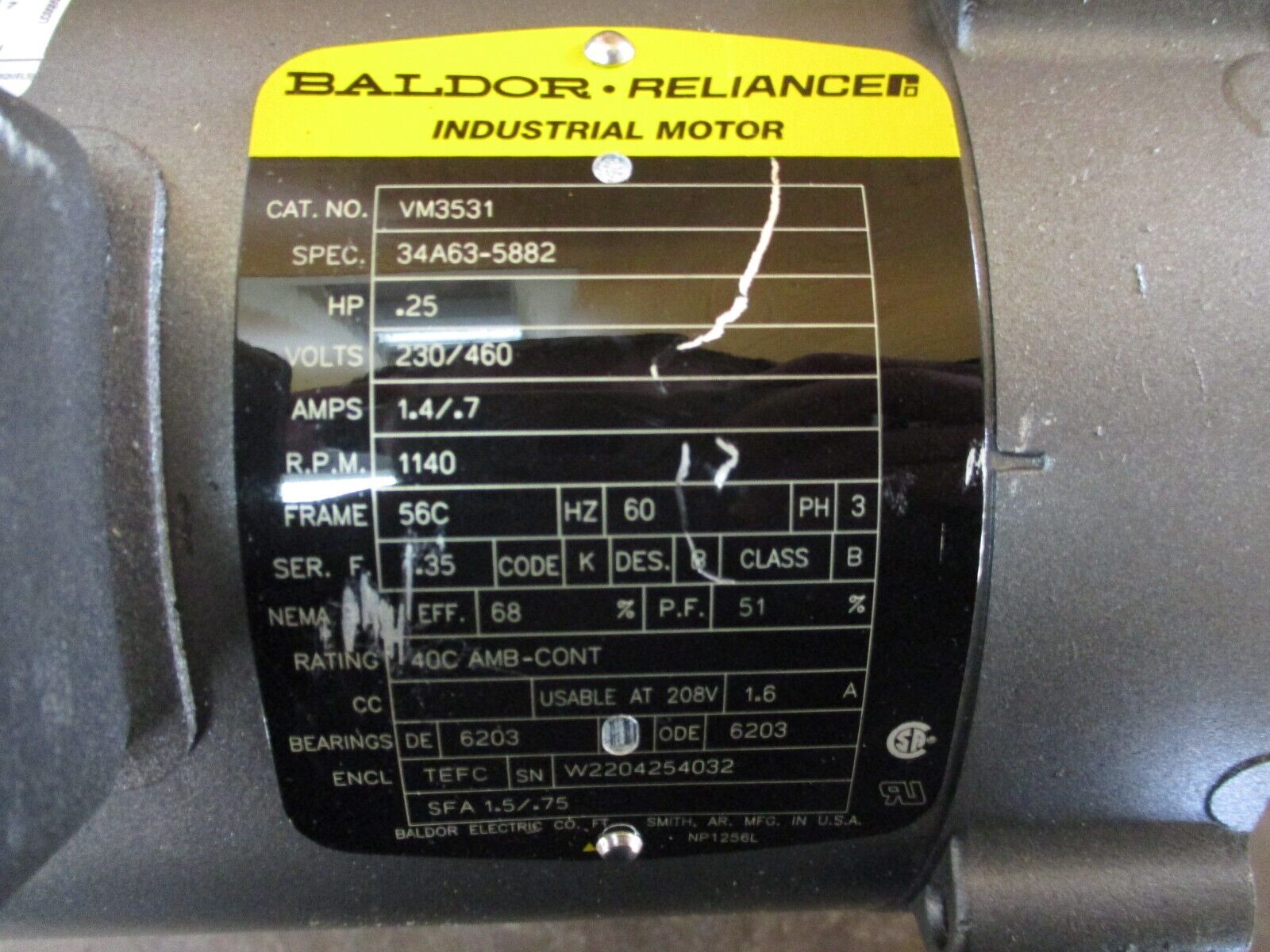 Baldor Motor VM3531 0.25HP 1200RPM 230/460V 1.4/0.7A 3Ph 60Hz *No Box*