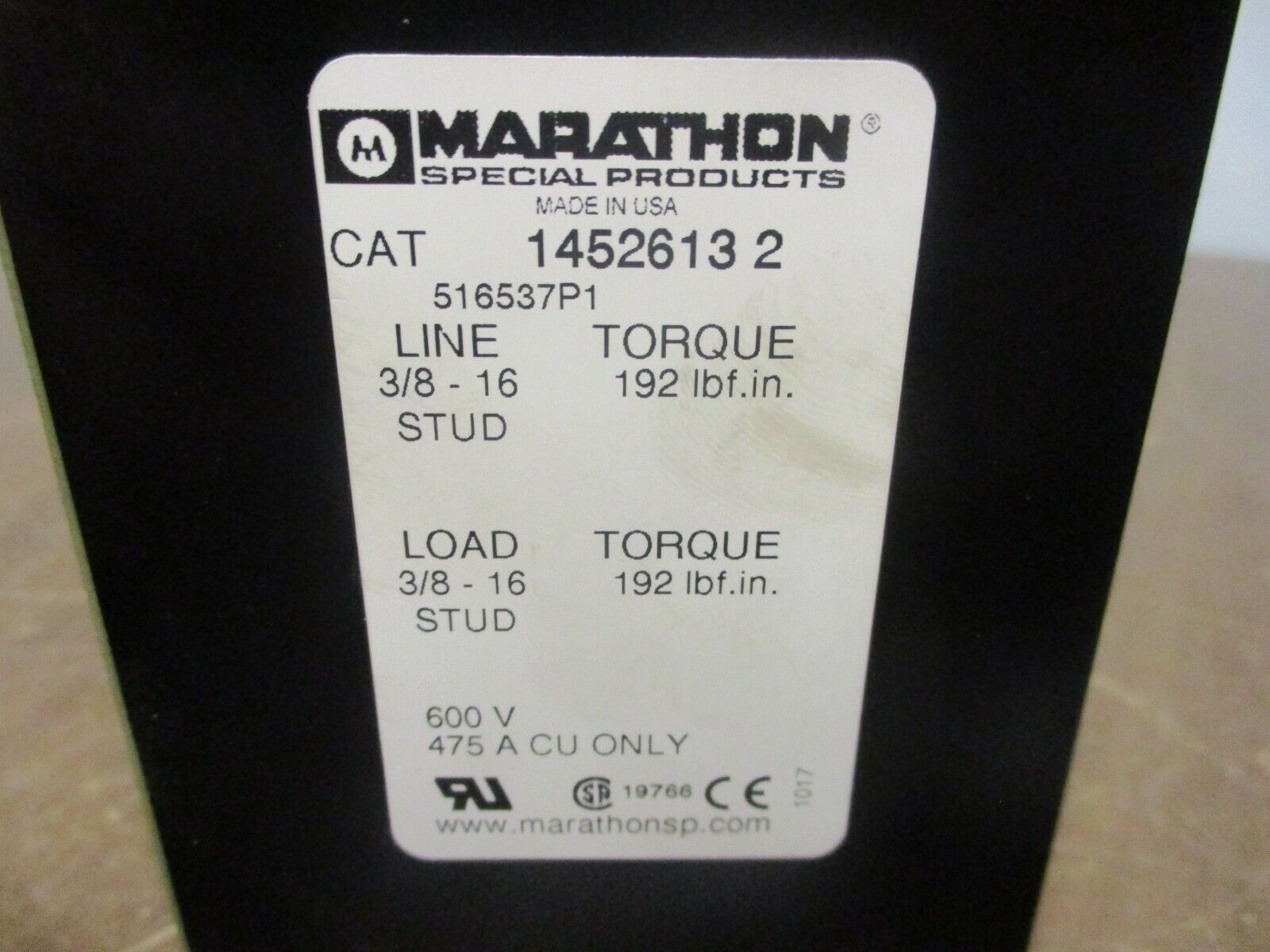 Marathon Power Distribution Block 1452613 2 475A 600V 2P Used **Chipped Edge**