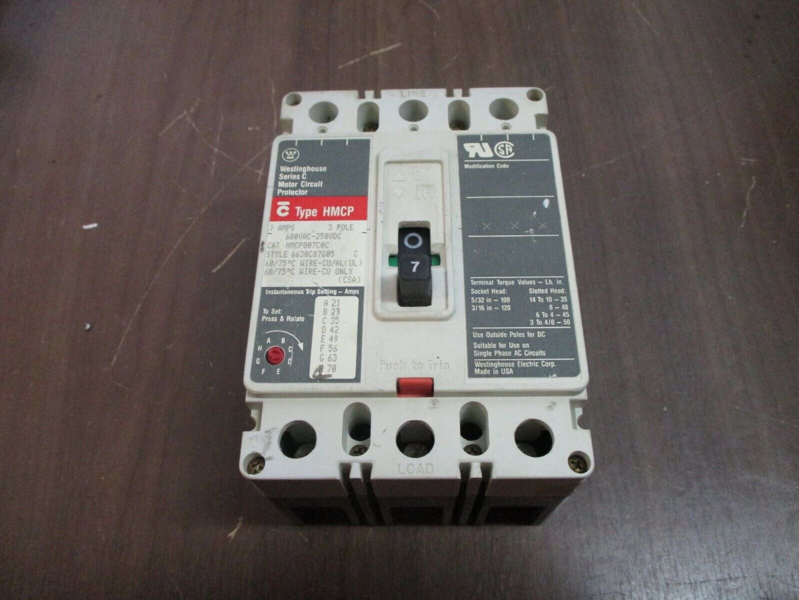 Westinghouse Circuit Breaker HMCP007C0C 7A 600V 3P Used