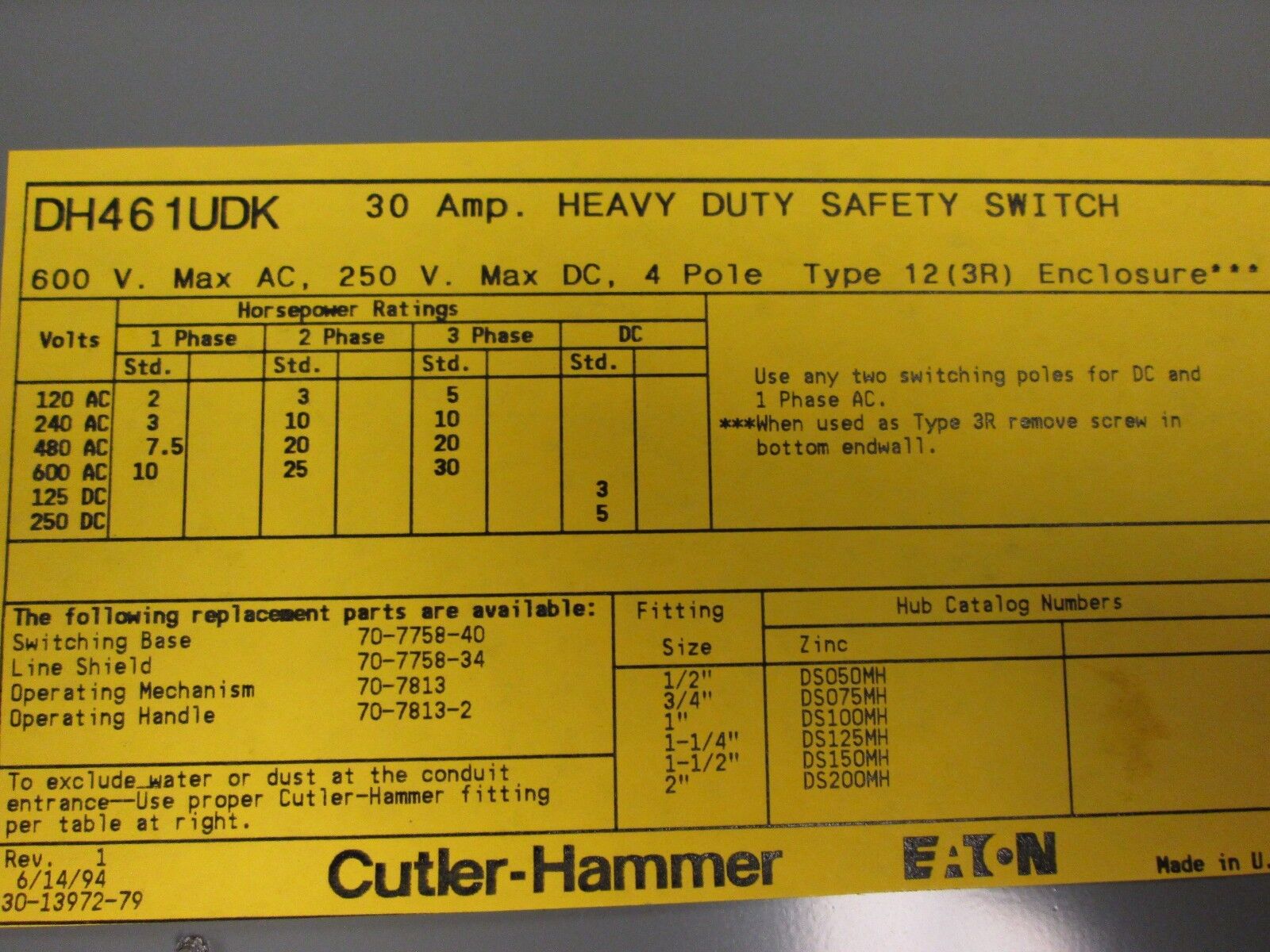 Cutler-Hammer 4 Pole Non Fusible Safety Switch DH461UDK 30A 600V 4P New Surplus