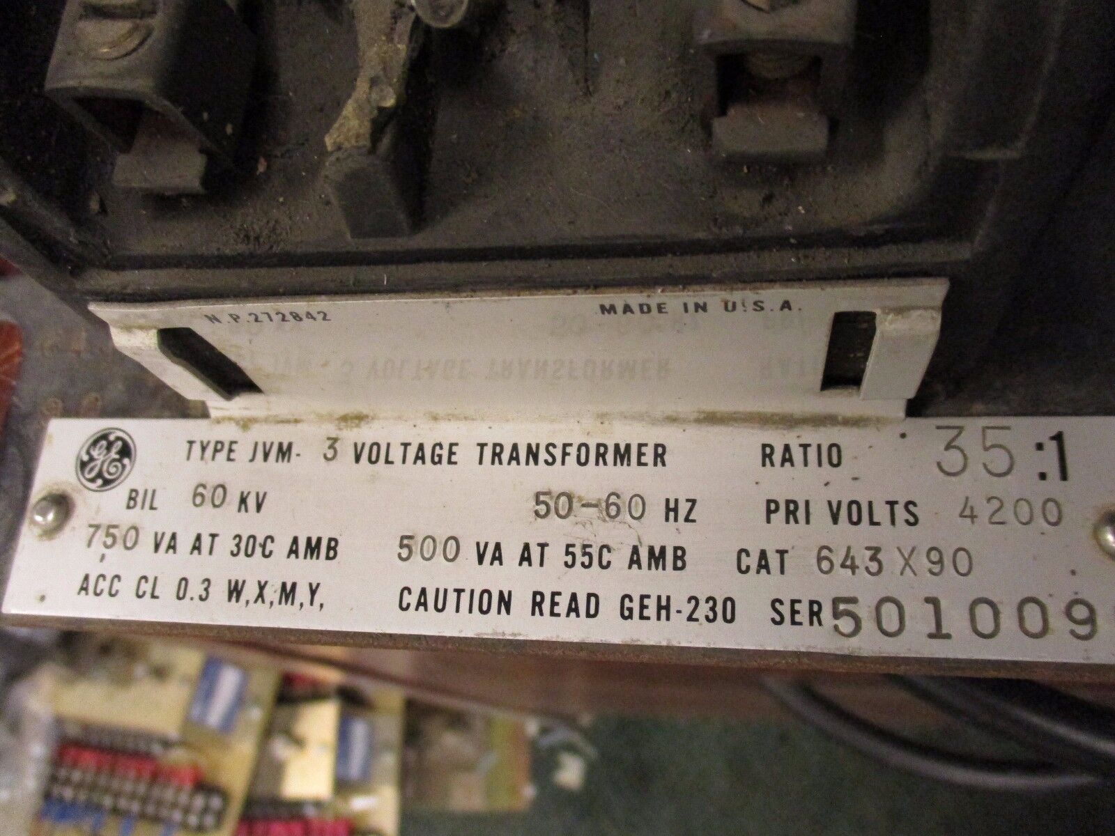 GE Type JVM-3 Voltage Transformer 643X90 Ratio 35:1 Pri: 4200V 60KV BIL Used