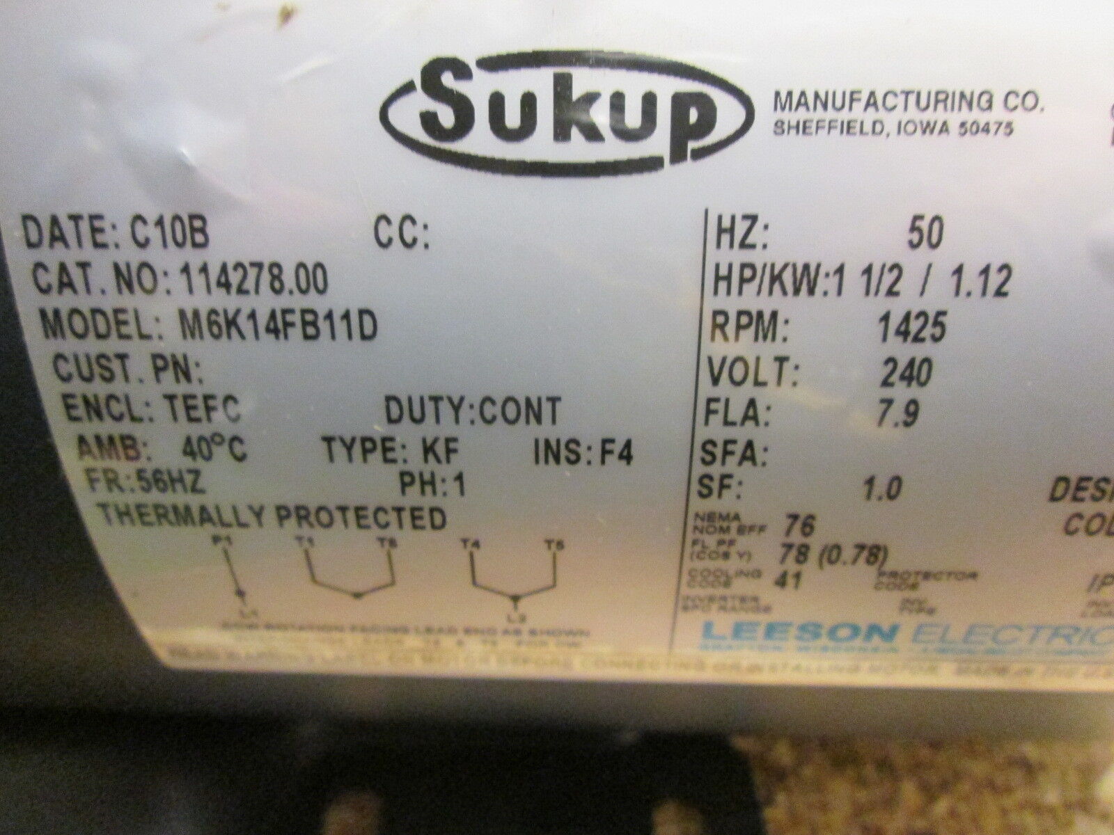 Sukup M6K14FB11D AC Motor 114278.00 1½HP 1425RPM FR: 56HZ ENCL: TEFC 240V 7.9FLA