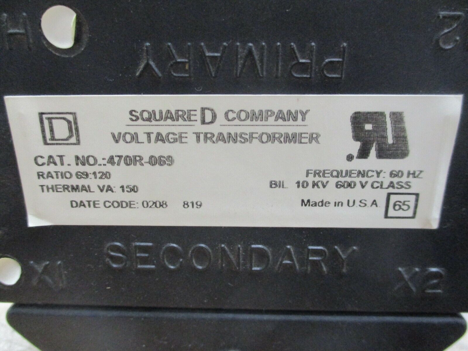 Square D Voltage Transformer 470R-069 150VA Ratio 69:120 10KV BIL 60Hz Used