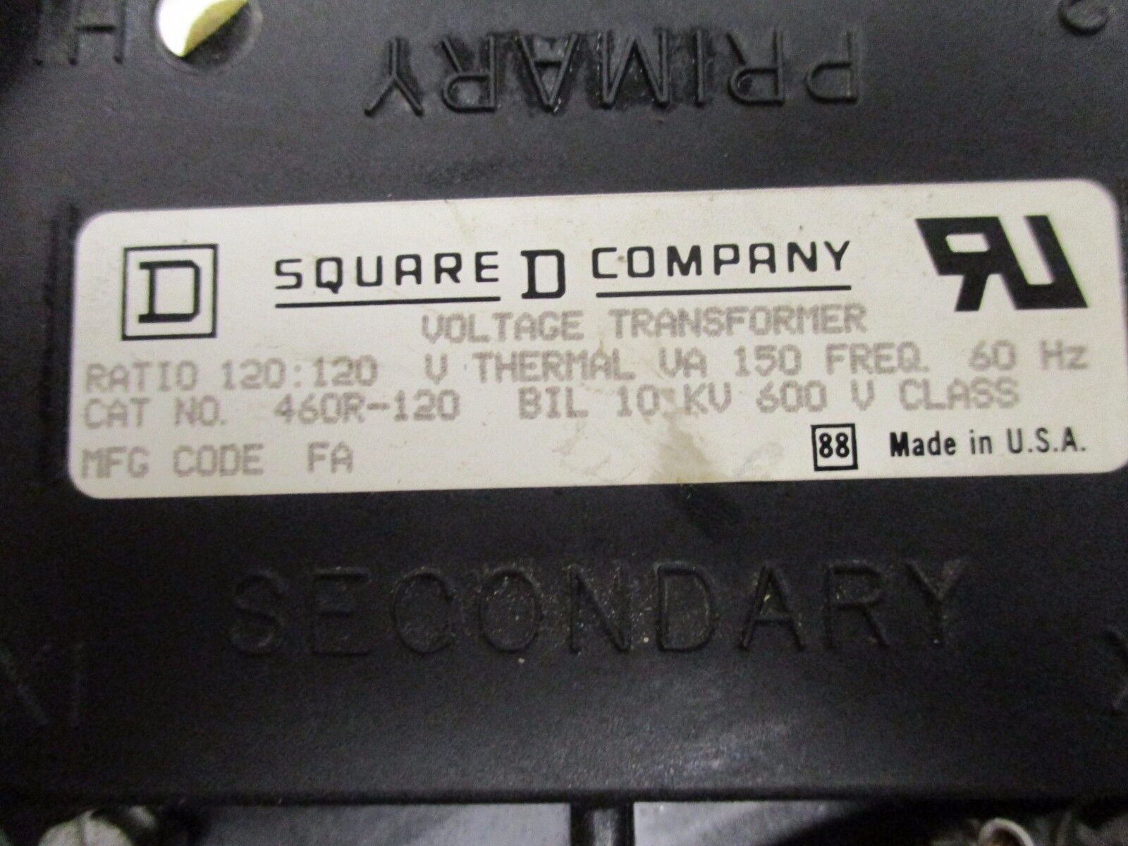 Square D Voltage Transformer 460R-120 Ratio 120:120V 10KV BIL Used