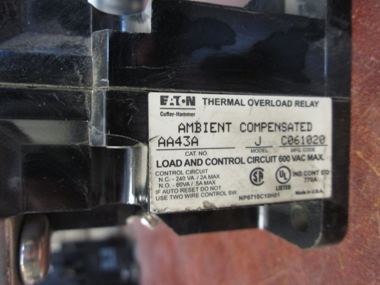 Eaton Thermal Overload Relay AA43A-J-C061020 600VAC Max Used - Broken Reset