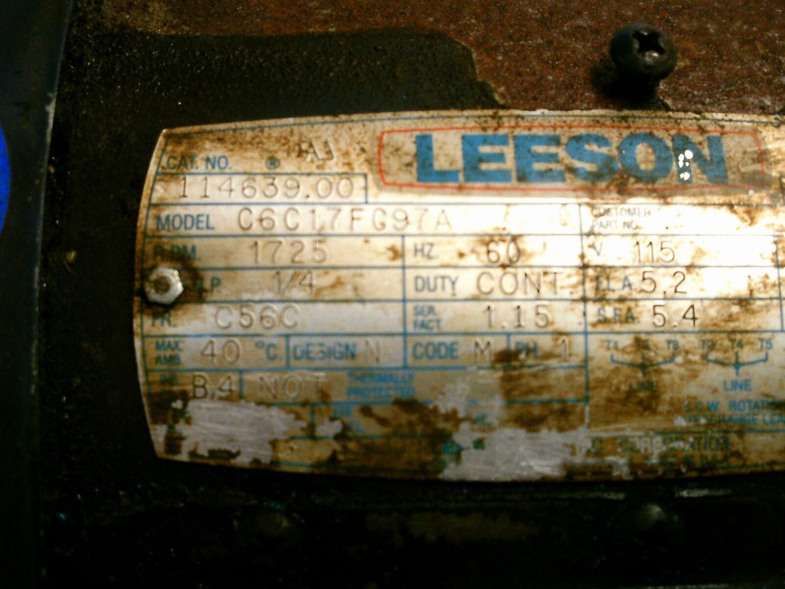 Leeson Model C6C17FC97A AC Motor 114639.00 1/4HP 1800RPM 208-230V 5.2/2.6A Used