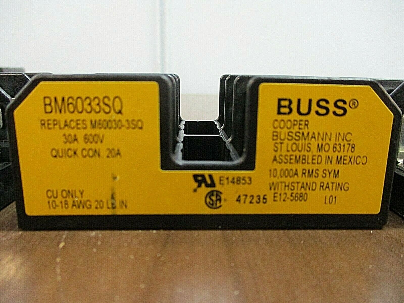 Buss Fuseblock BM60335Q 30A 600V 3P *Lot of 3* Used