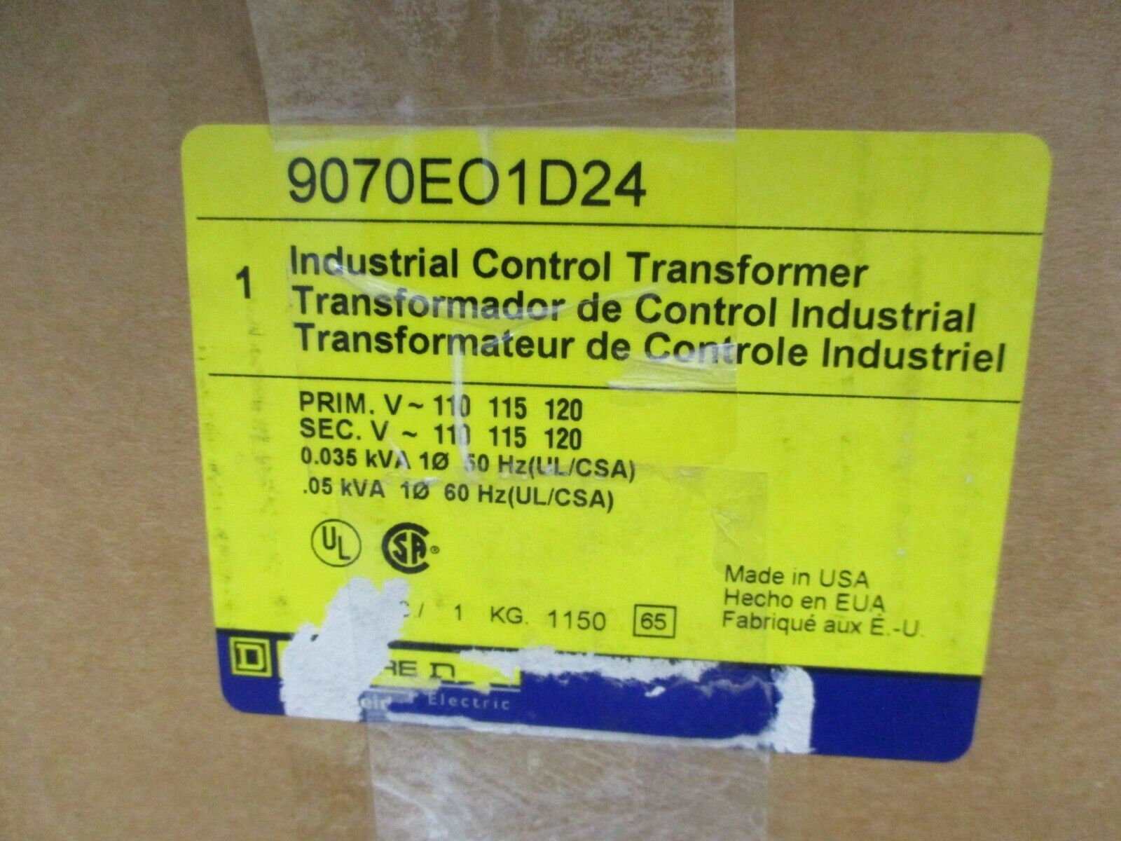 Square D Control Transformer 9070EOD24 0.05kVA Pri:110/115/120V Sec:110/115/120V