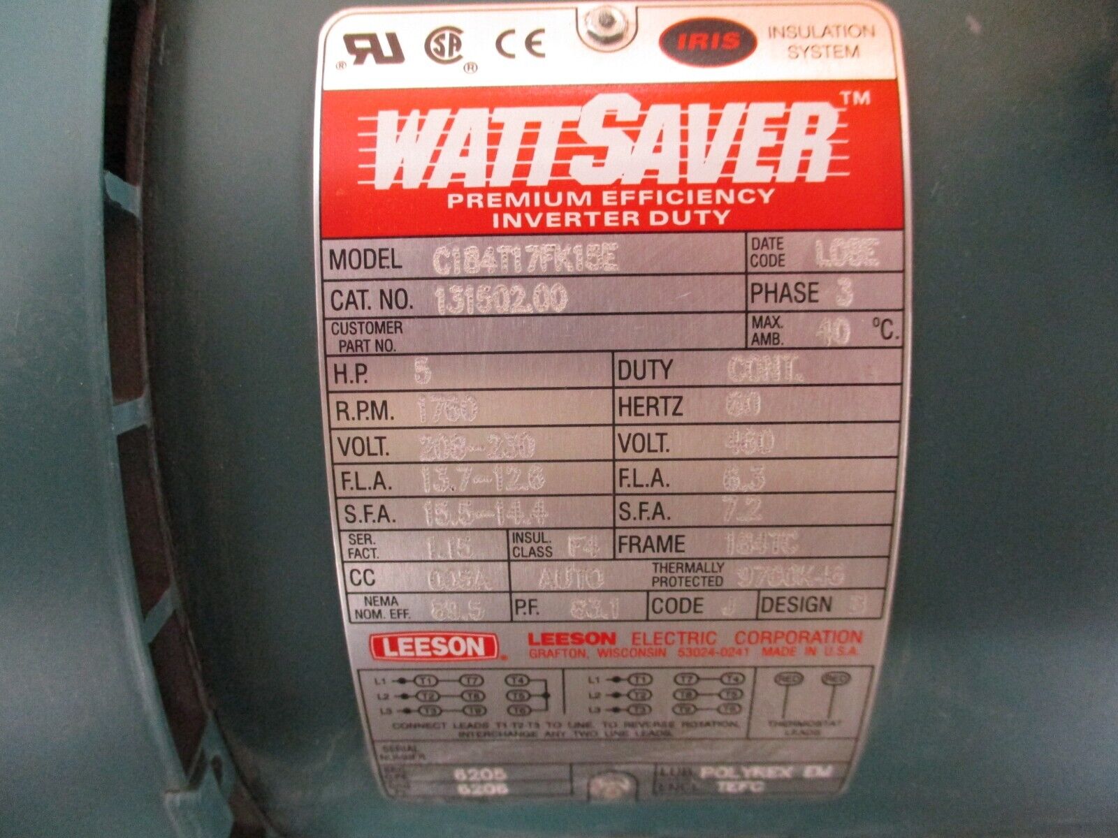 WattSaver Motor 13150200 5HP 1800RPM 208-230/460V 13.7-12.6A 60Hz 3Ph Used