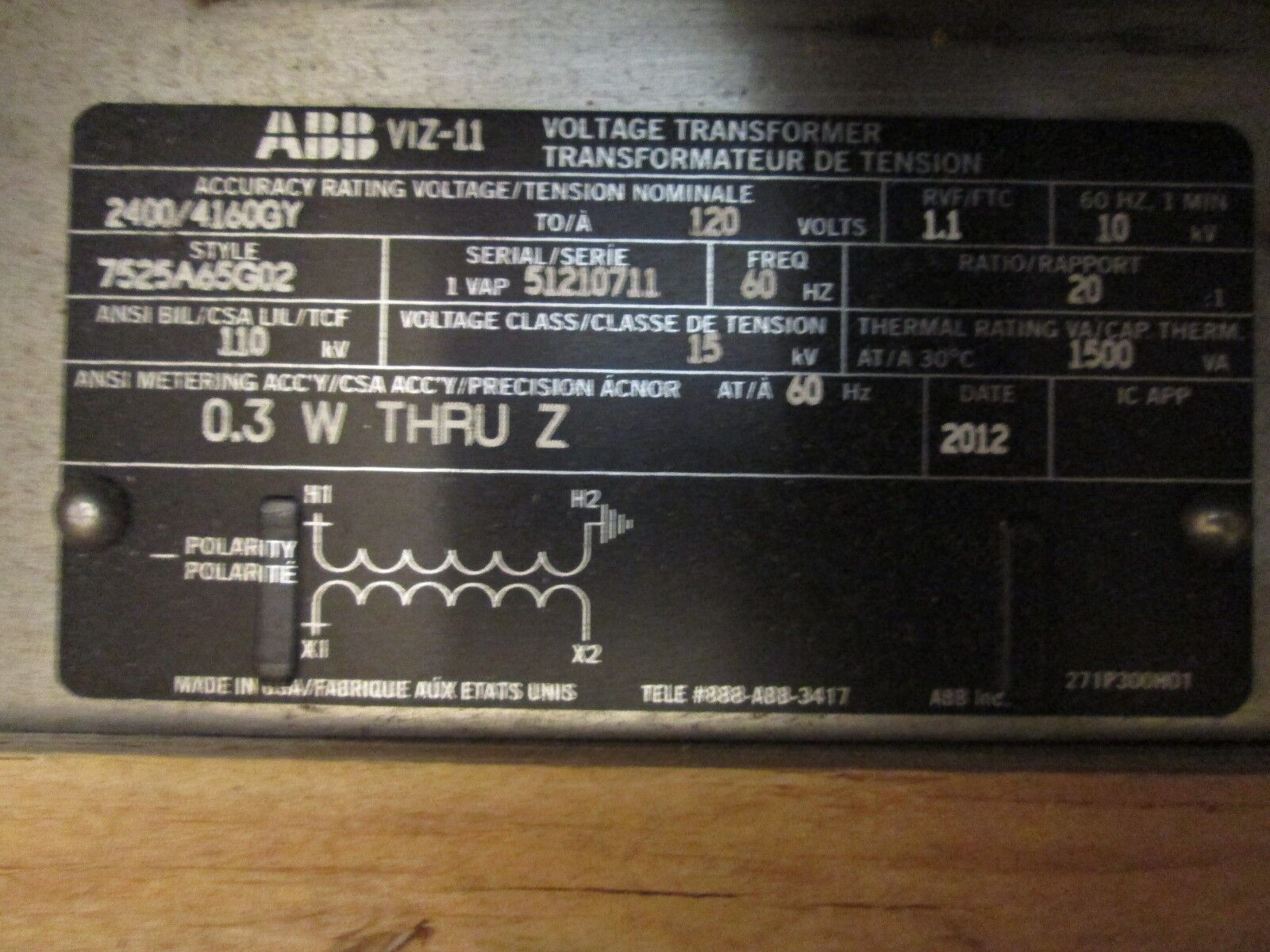 ABB VIZ-11 Voltage Transformer 7525A65G02 Ratio 20:1 Pri 2400/4160GYV Sec 120V