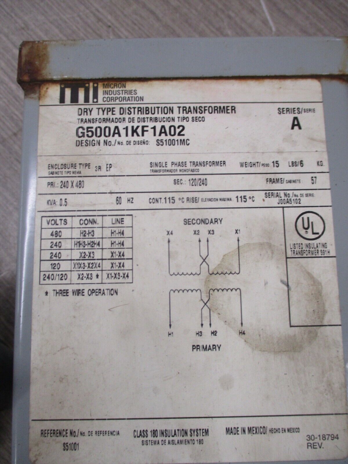 Micron Industries Transformer G500A1KF1A02 Ser. A 0.5kVA Pri: 240/480V 60Hz Used