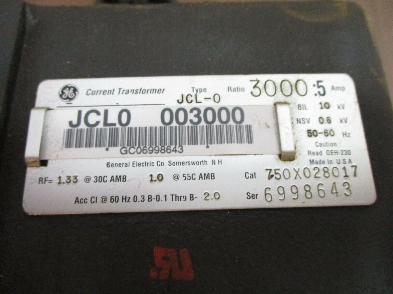 GE Type JCL-0 Current Transformer 750X028017 Ratio: 3000:5A 600V 50-60Hz Used