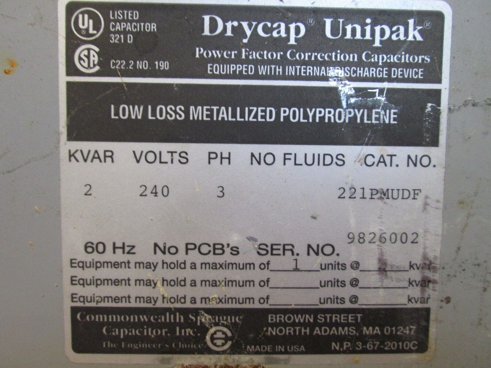 Drycap Unipak Power Factor Correction Capacitor 221PMUDF 2 KVAR 240V 3Ph 60Hz