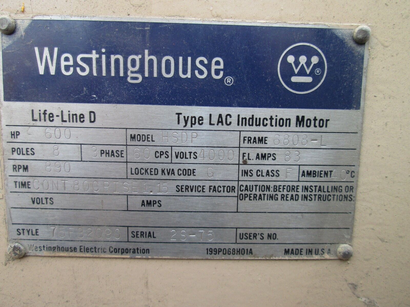 Westinghouse Life-Line D Type LAC Motor HSDP 600HP 900RPM 6808-L Frame Used