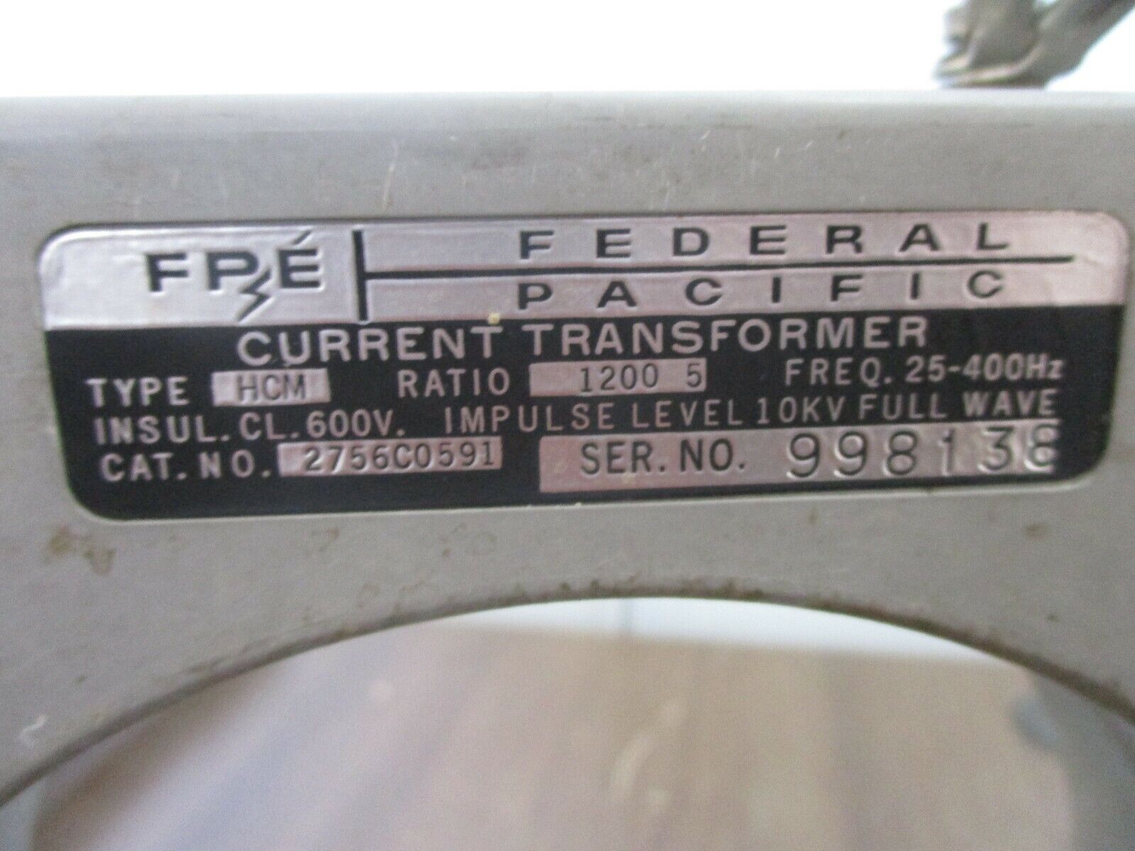 FPE Type HCM Current Transformer  2756C0591 Ratio 1200:5A 600V 25-400Hz Used