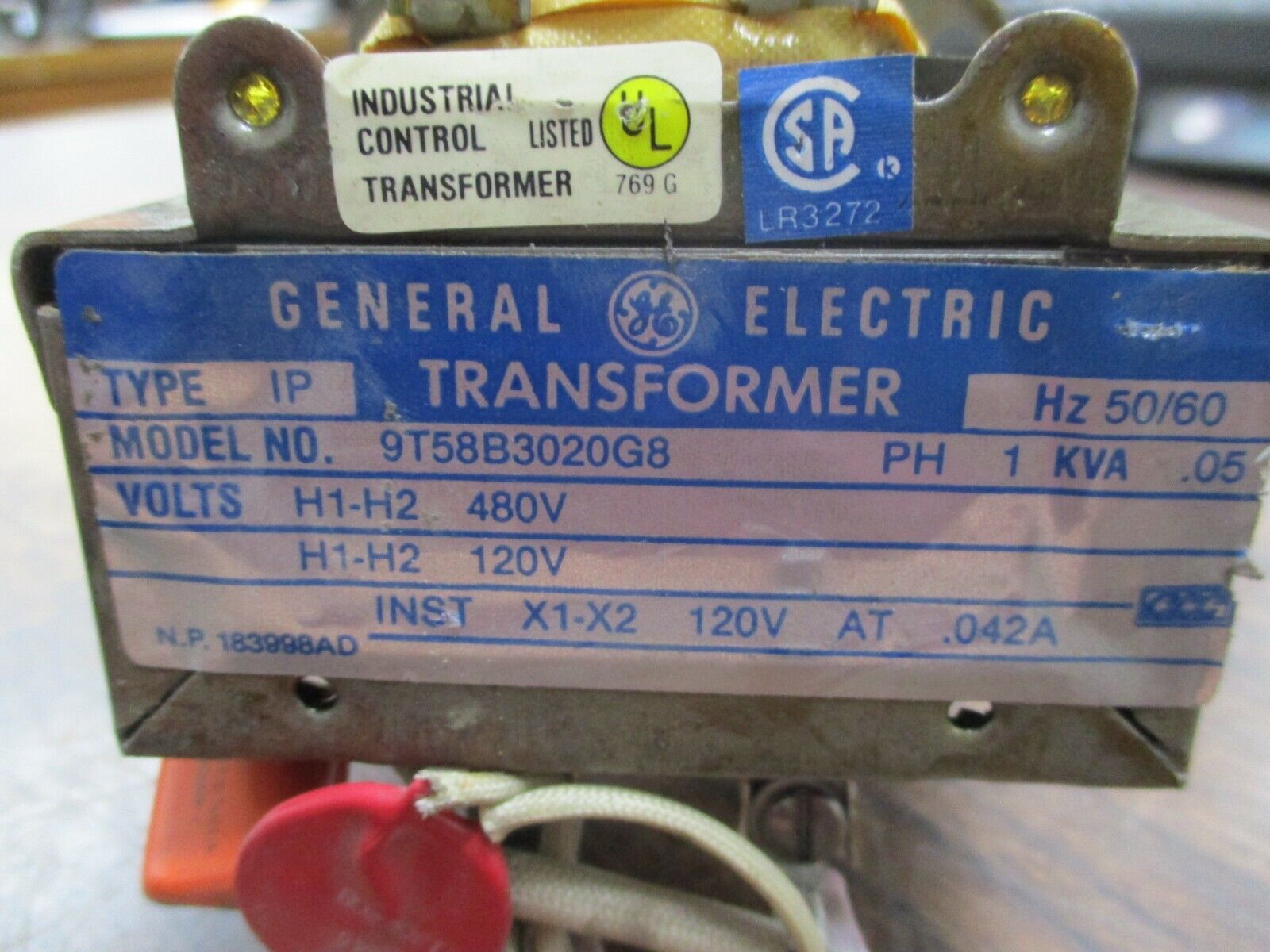 GE Type IP Transformer 9T58B3020G8 0.05KVA Pri: 480V Sec: 120V 50/60Hz 1Ph Used