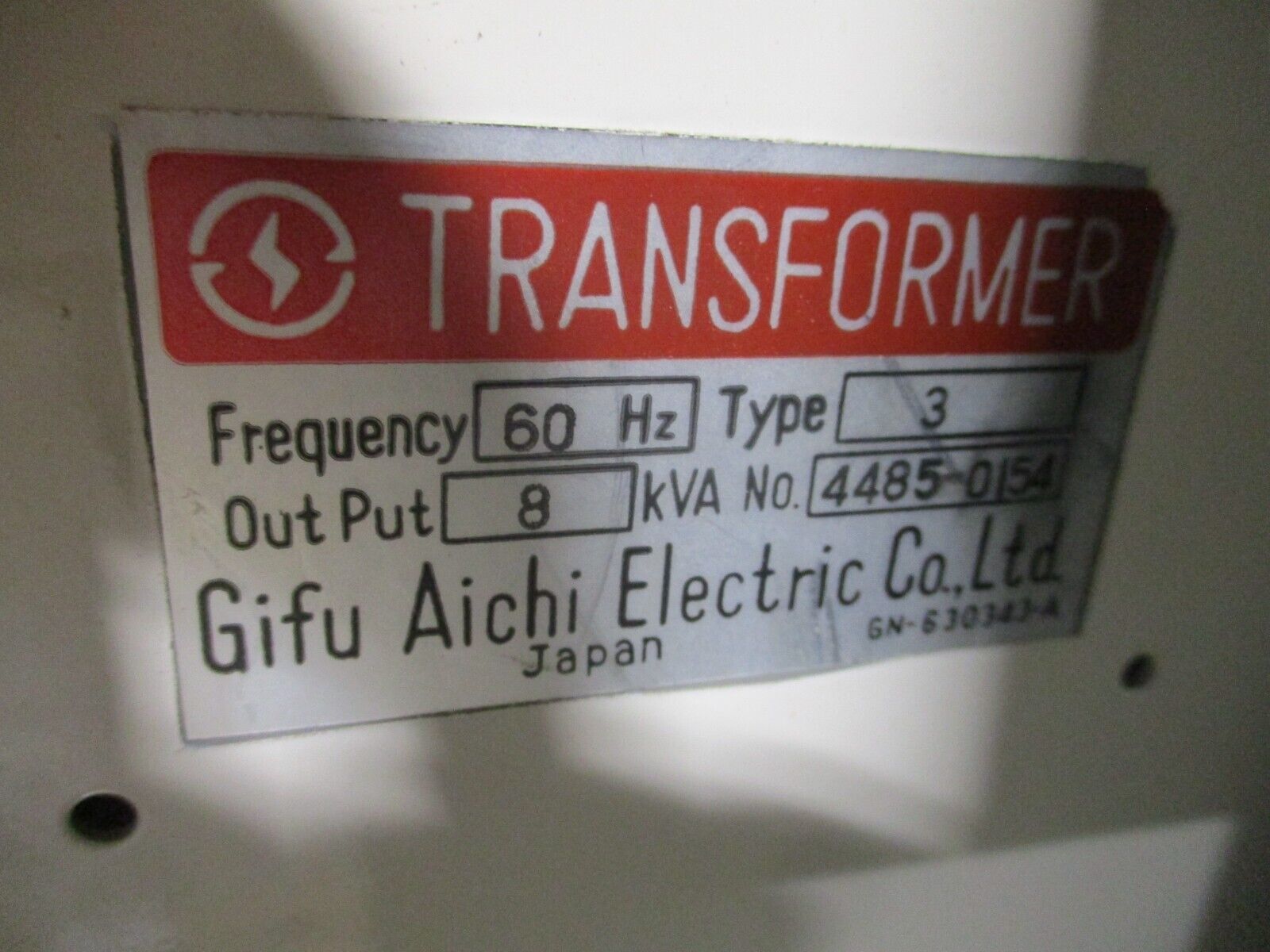 Gifu Aichi Electric Co. Type 3 Transformer 4485-0154 8kVA 60Hz Used